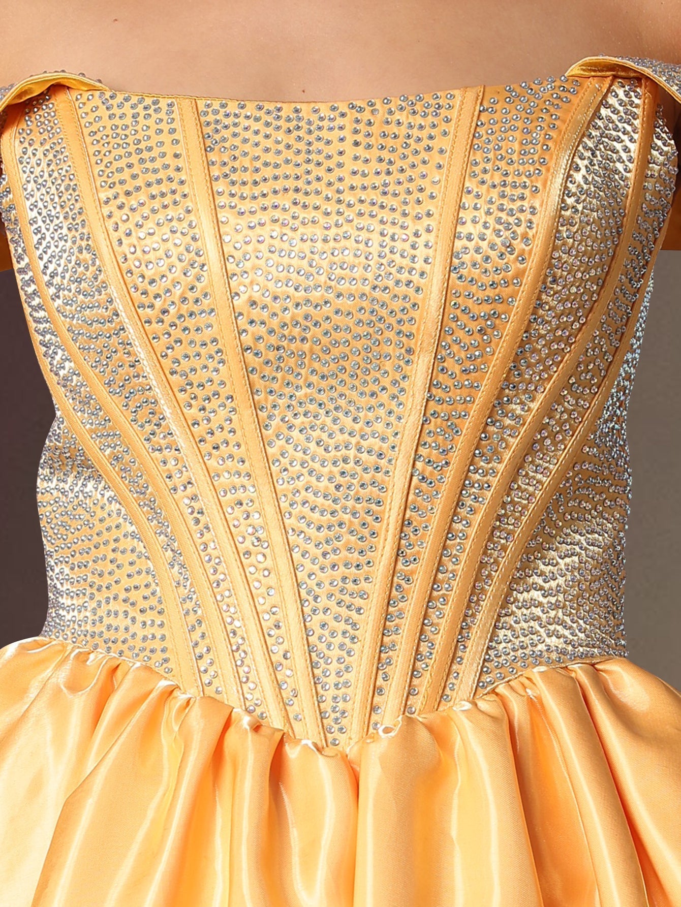 Off Shoulder Crystal Boned Ball Gown Prom Dress - Yellow