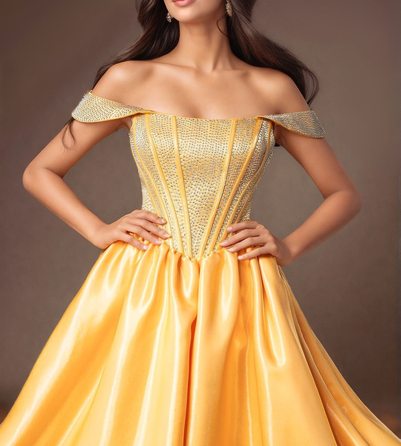 Off Shoulder Crystal Boned Ball Gown Prom Dress - Yellow