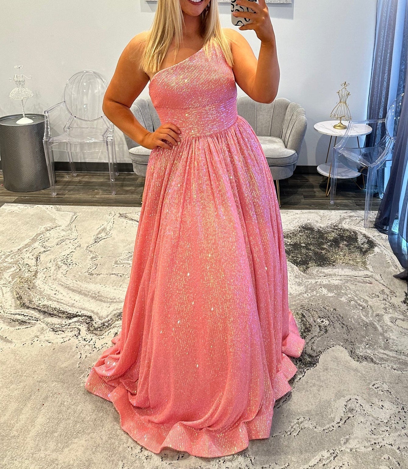 Sparkly Bodice One Shoulder Long Prom Dress - Pink