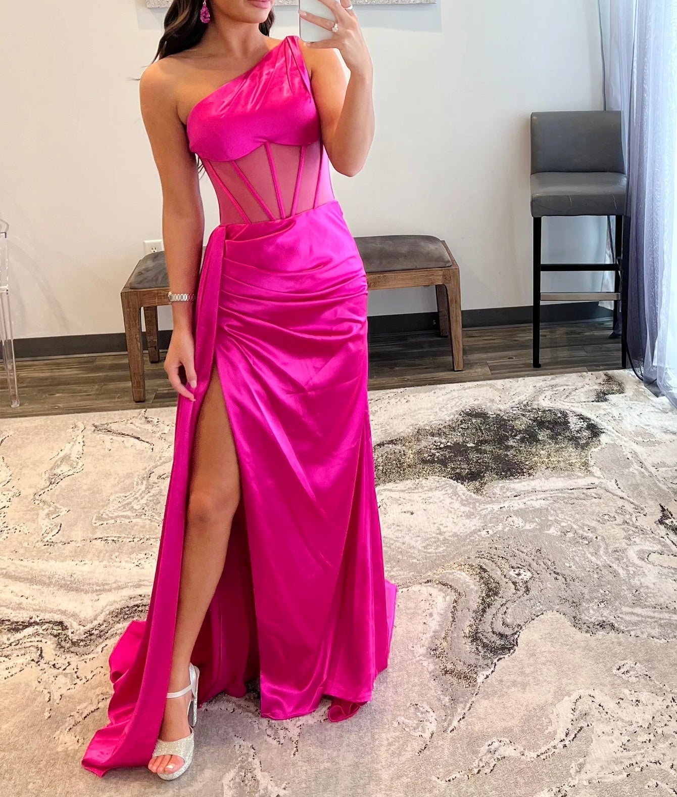 One Shoulder Boned Prom Dress With Waist Drop - Hot Pink
