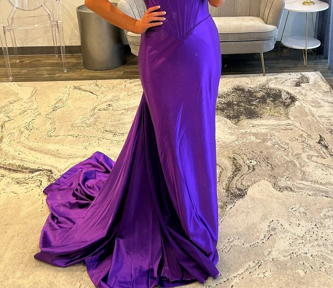 Crystal Boned Mermaid Prom Dress With Waist Drop - Purple