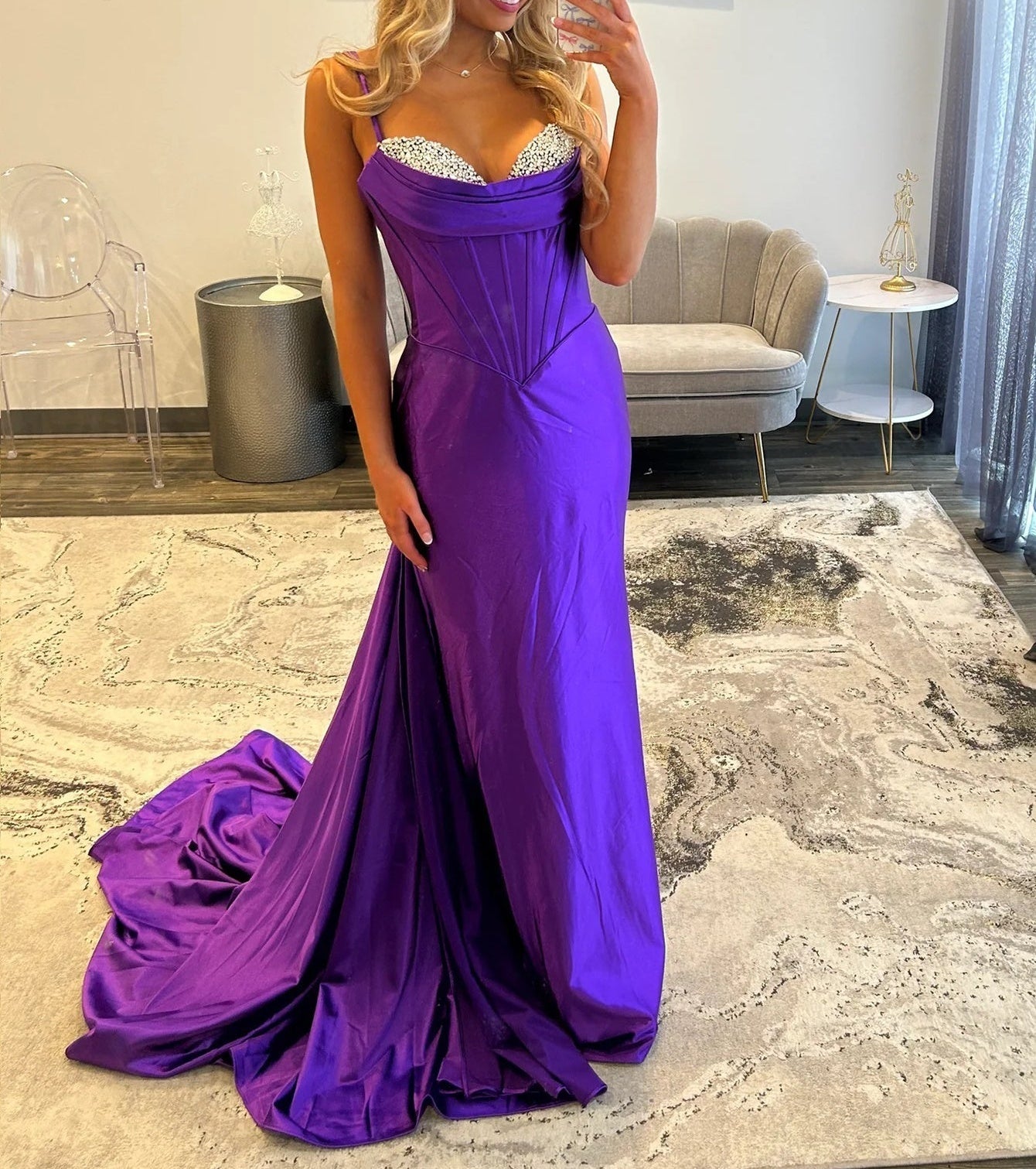 Crystal Boned Mermaid Prom Dress With Waist Drop - Purple