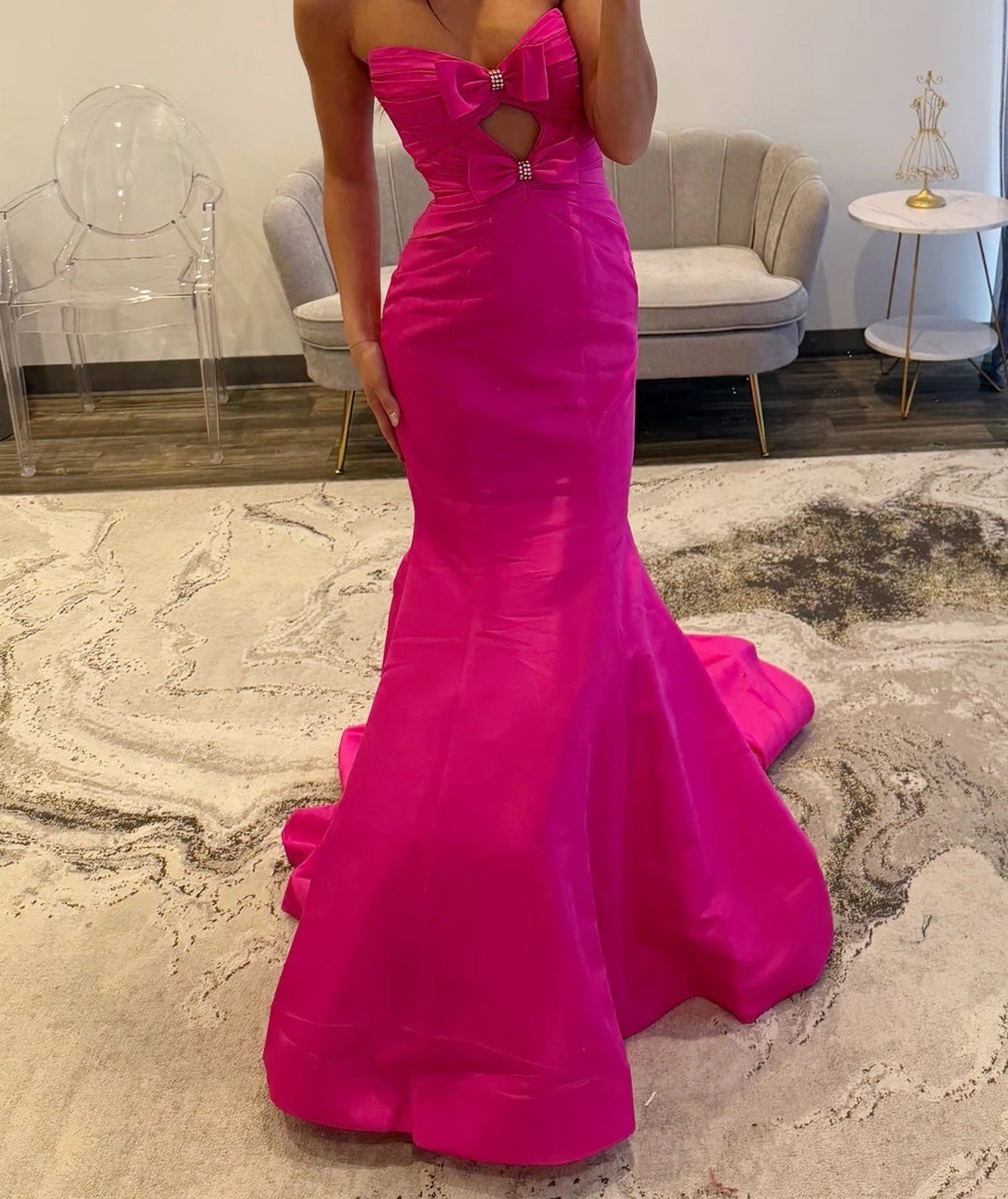 Strapless Cut Front Bows Mermaid Prom Dress - Hot Pink