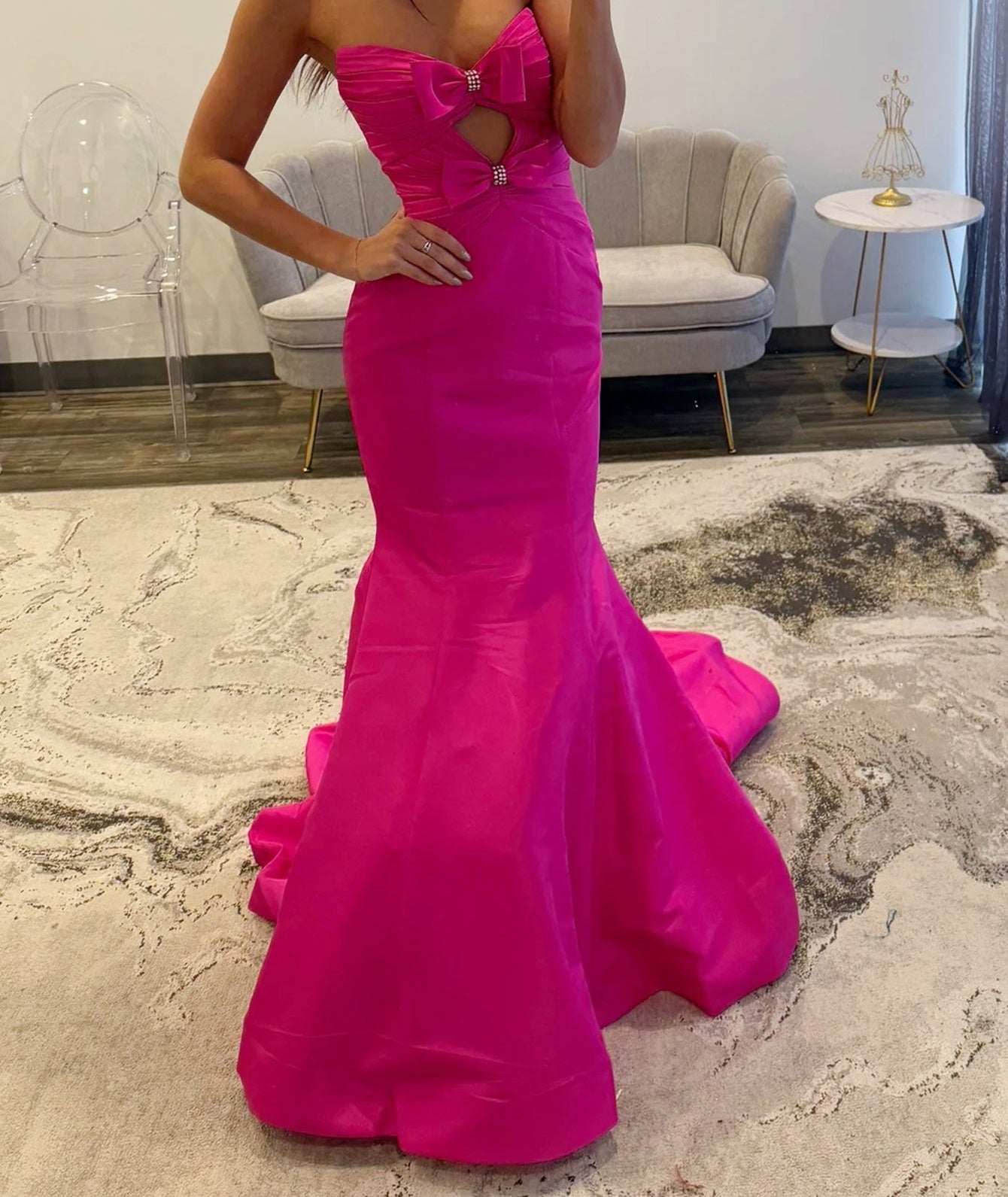 Strapless Cut Front Bows Mermaid Prom Dress - Hot Pink
