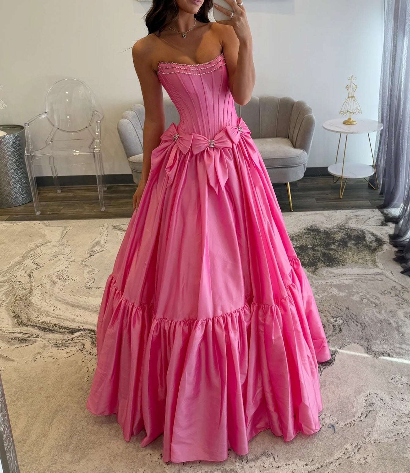 Crystal Boned Ball Gown Prom Dress With Bows - Hot Pink