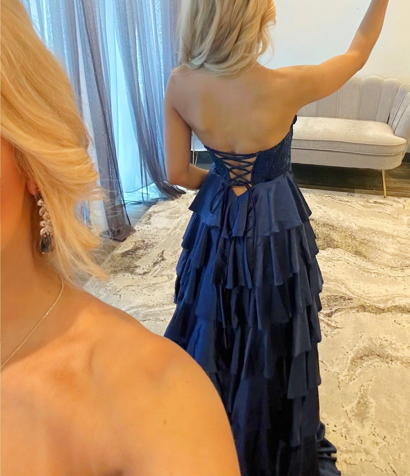Lace Embroidery Boned Layered Ball Gown Prom Dress - Dark Blue