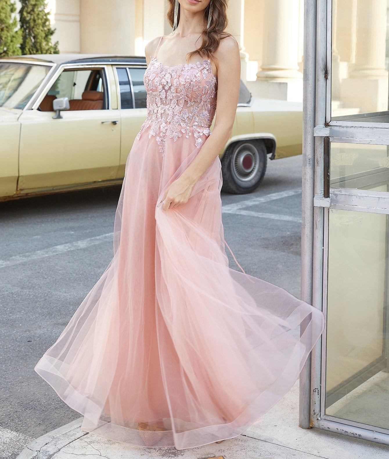 Square Lace Embroidery Ball Gown Prom Dress - Blush Pink