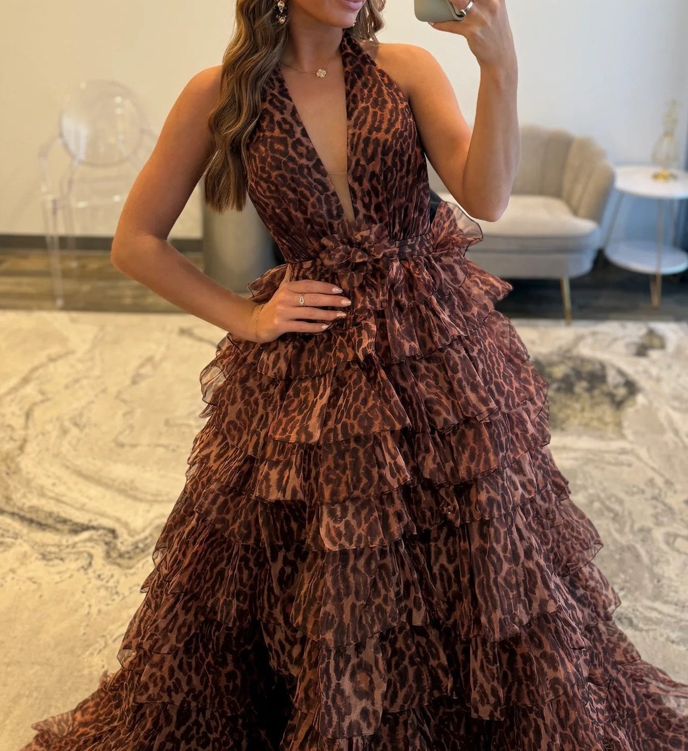 Halter Ruffle Tiered Printing Ball Gown Long Prom Dress - Leopard Print