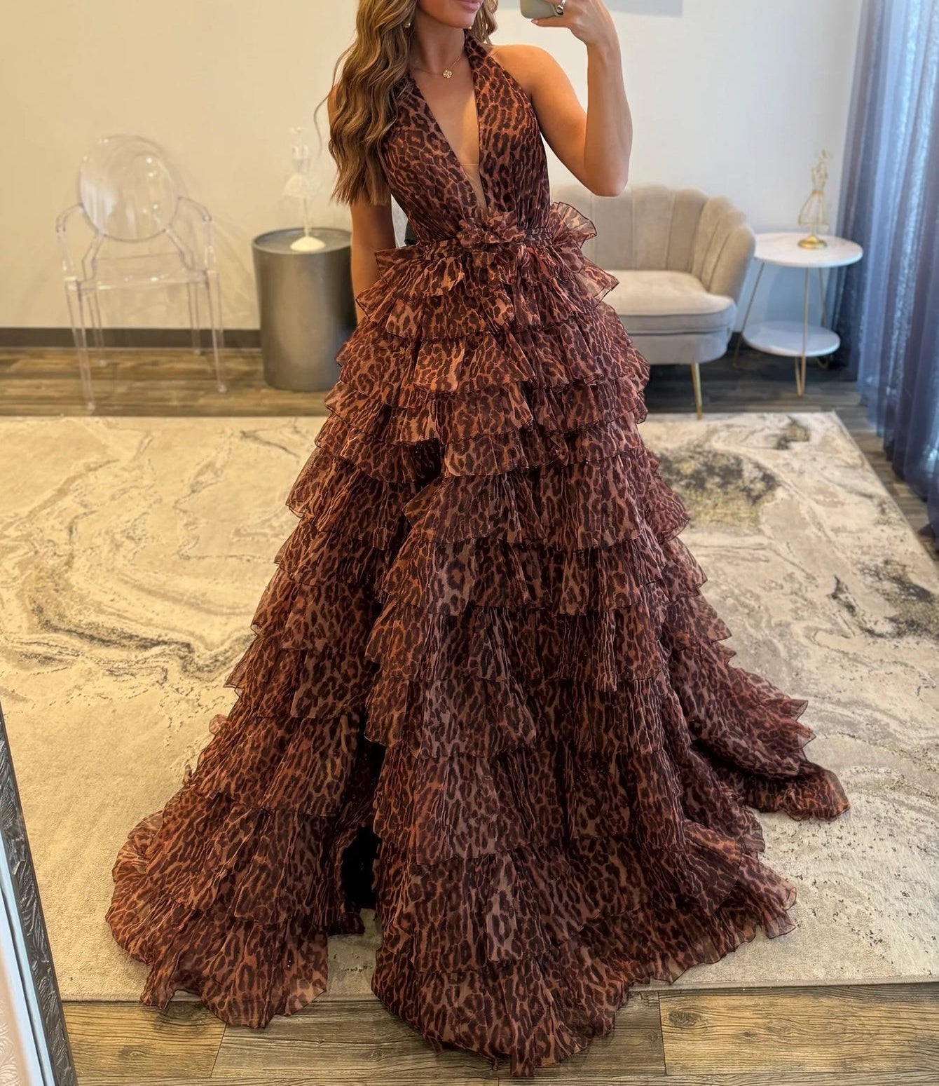 Halter Ruffle Tiered Printing Ball Gown Long Prom Dress - Leopard Print