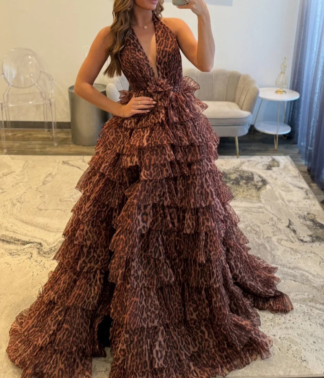Halter Ruffle Tiered Printing Ball Gown Long Prom Dress - Leopard Print