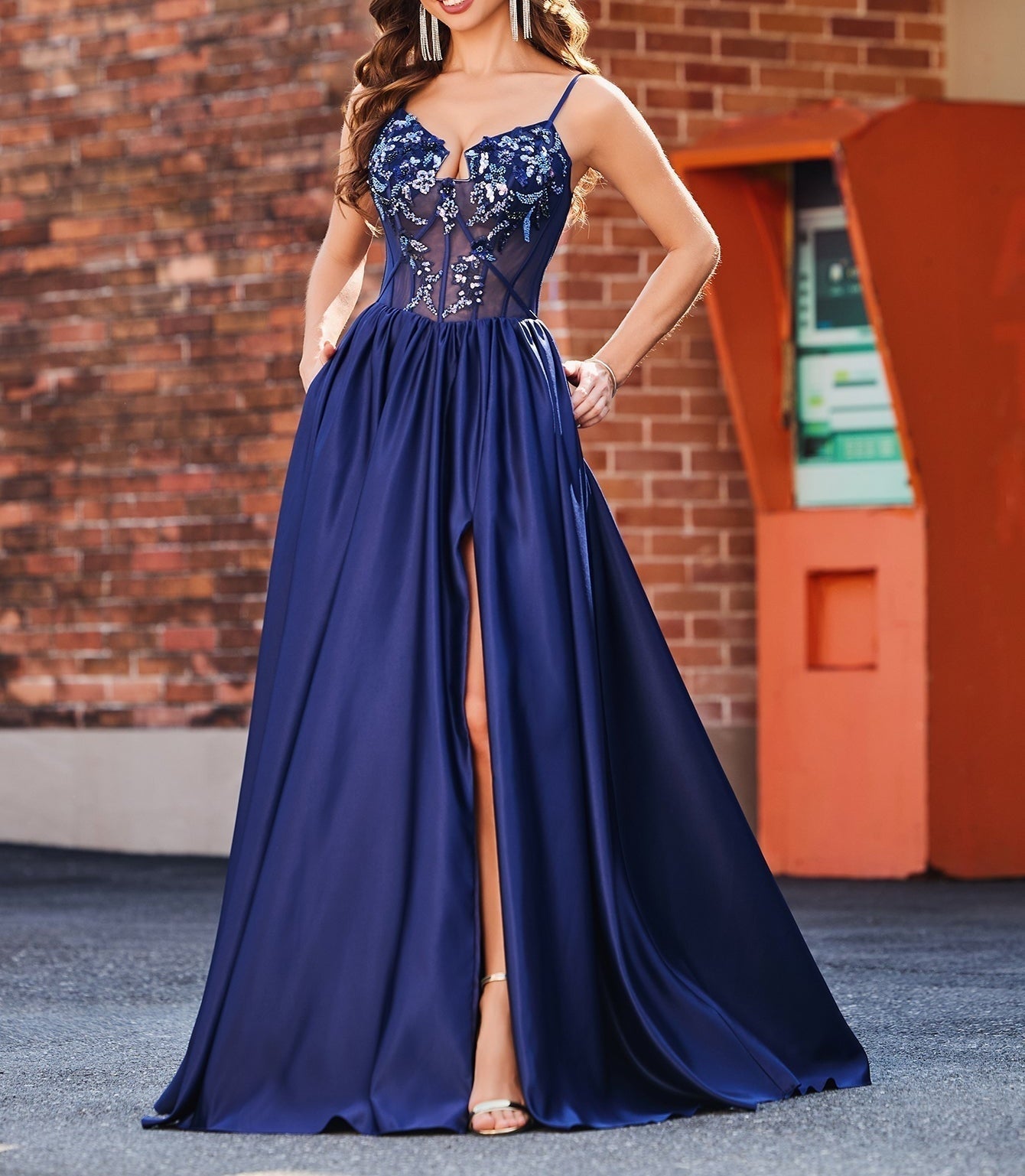 Illusion Bodice Beaded Spaghetti Strap A-Line Slit Prom Dress - Navy Blue