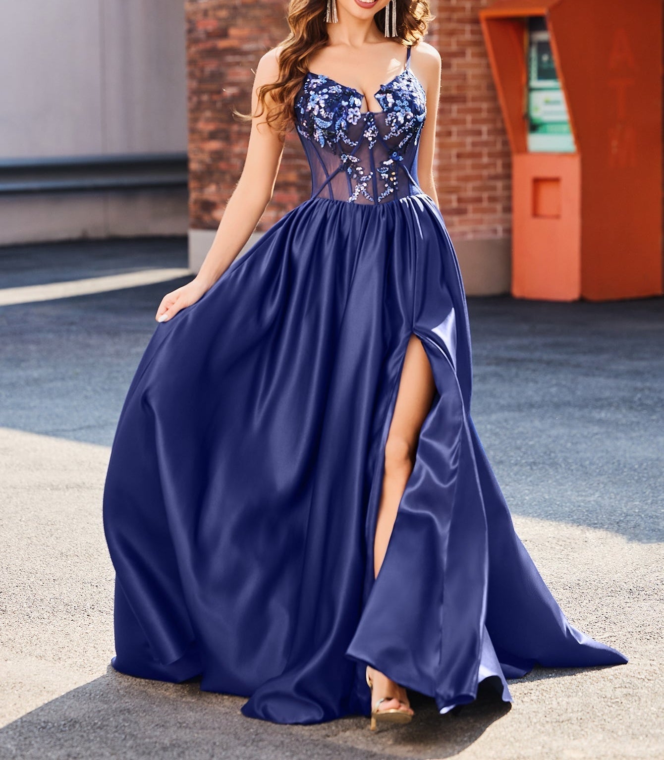 Illusion Bodice Beaded Spaghetti Strap A-Line Slit Prom Dress - Navy Blue
