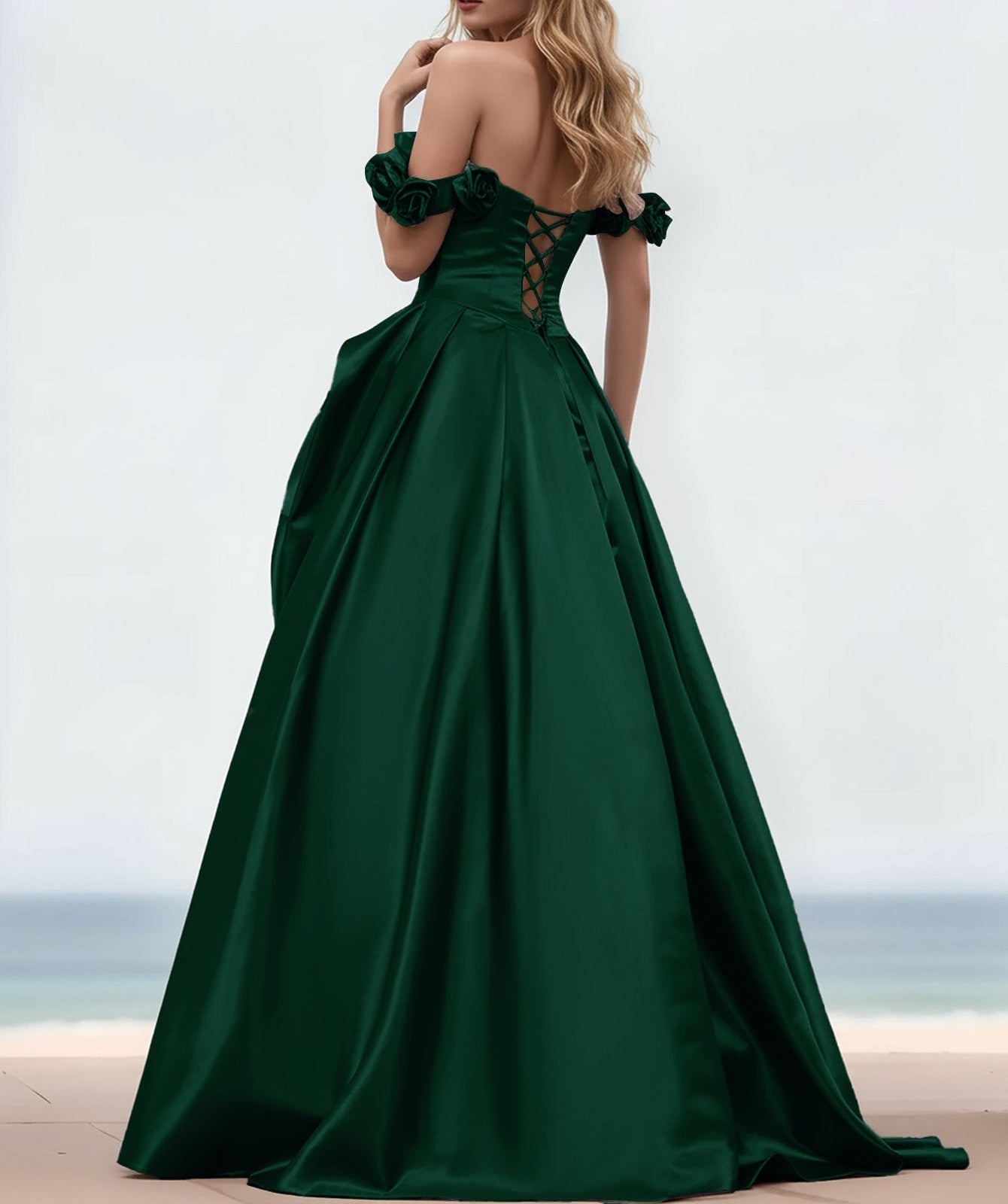 Off Shoulder 3D Rose Pick Up Satin Ball Gown Evening Dress - Emerald Green