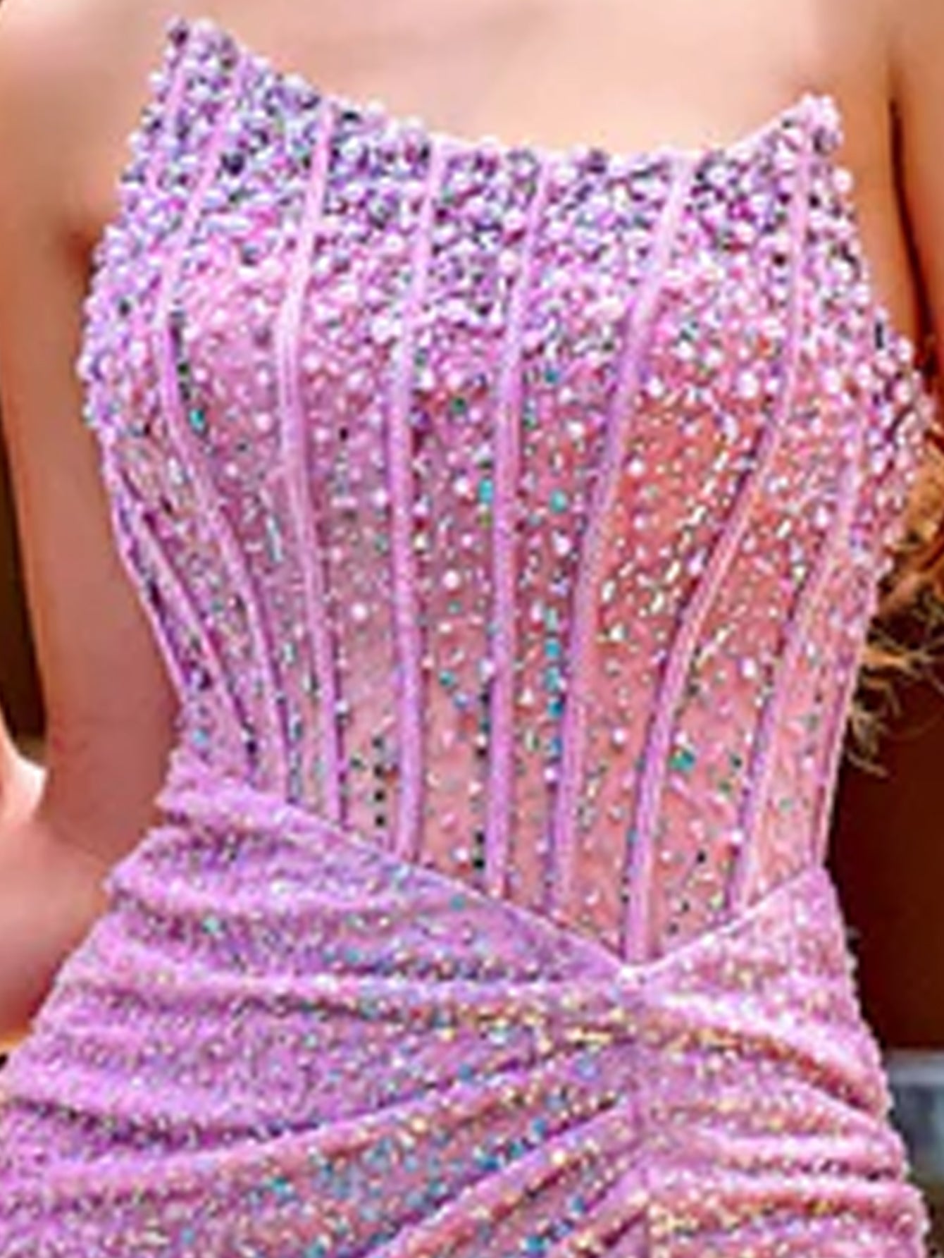 Asymmetric Bodice Sparkly Strapless Hand Beading Mermaid Evening Dress - Pink