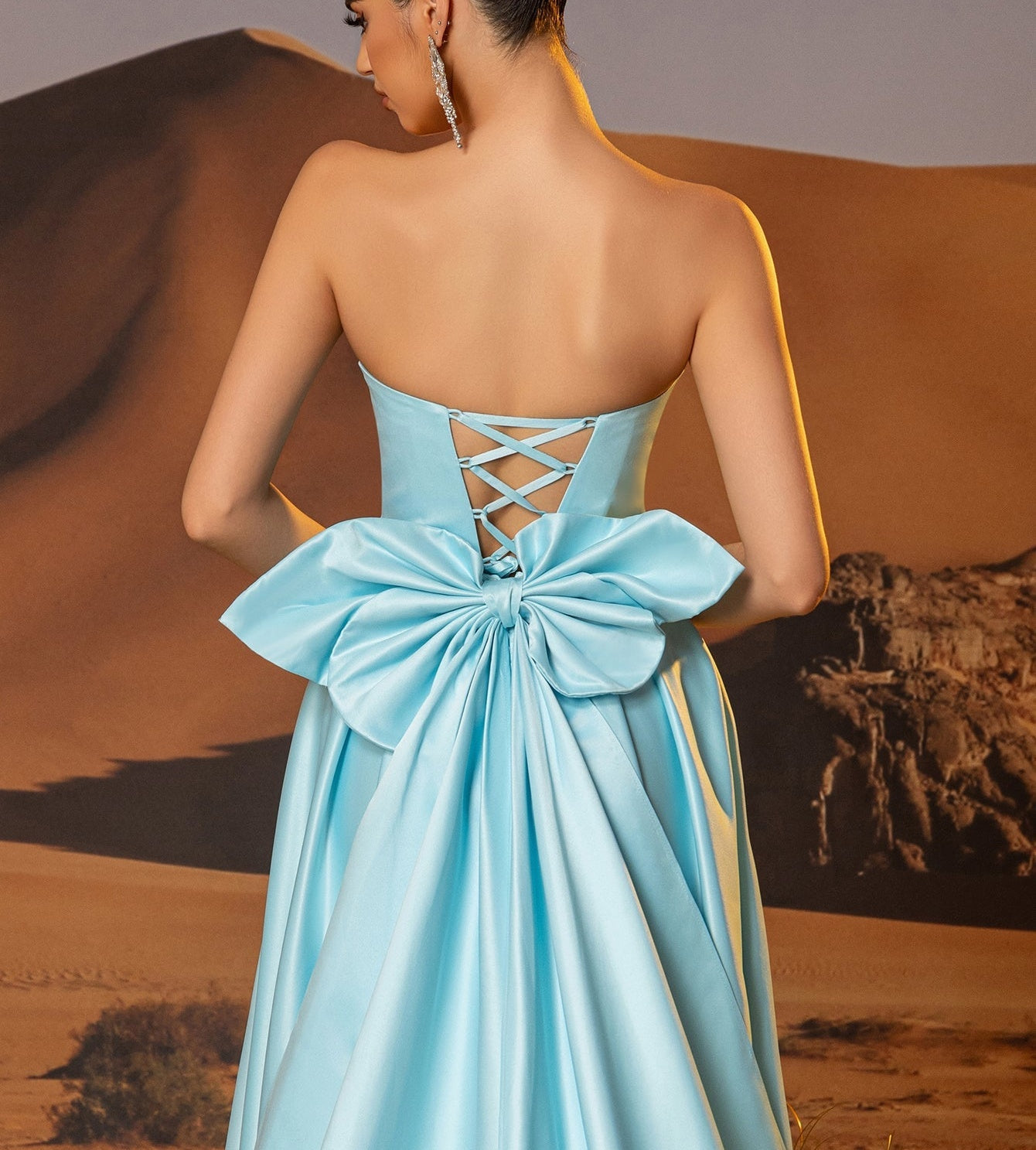 Asymmetrical Removable Bow Drop Ball Gown Prom Dress With Pocket - Light Blue