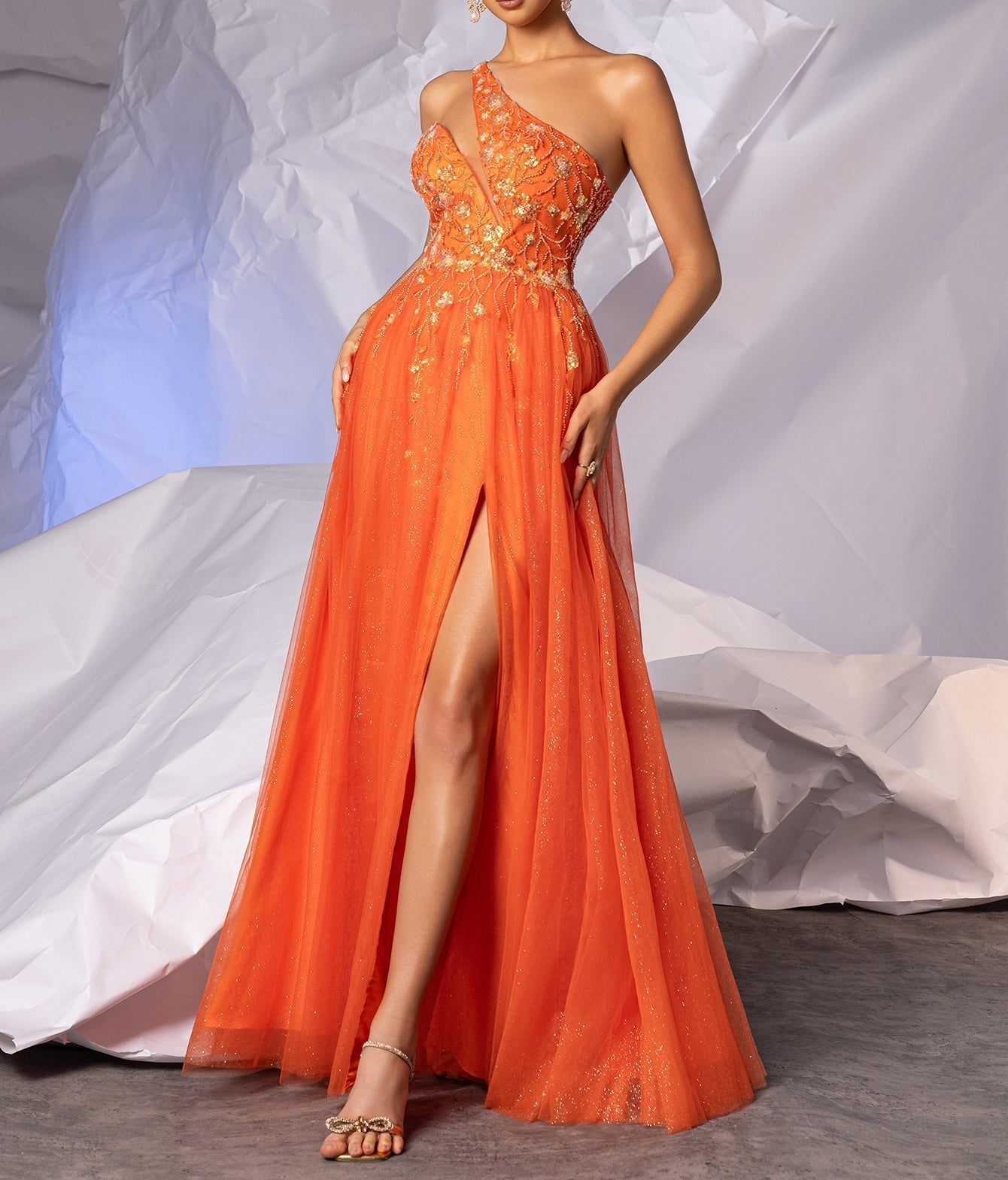 Asymmetrical Sparkly Lace Prom Dress Long - Orange