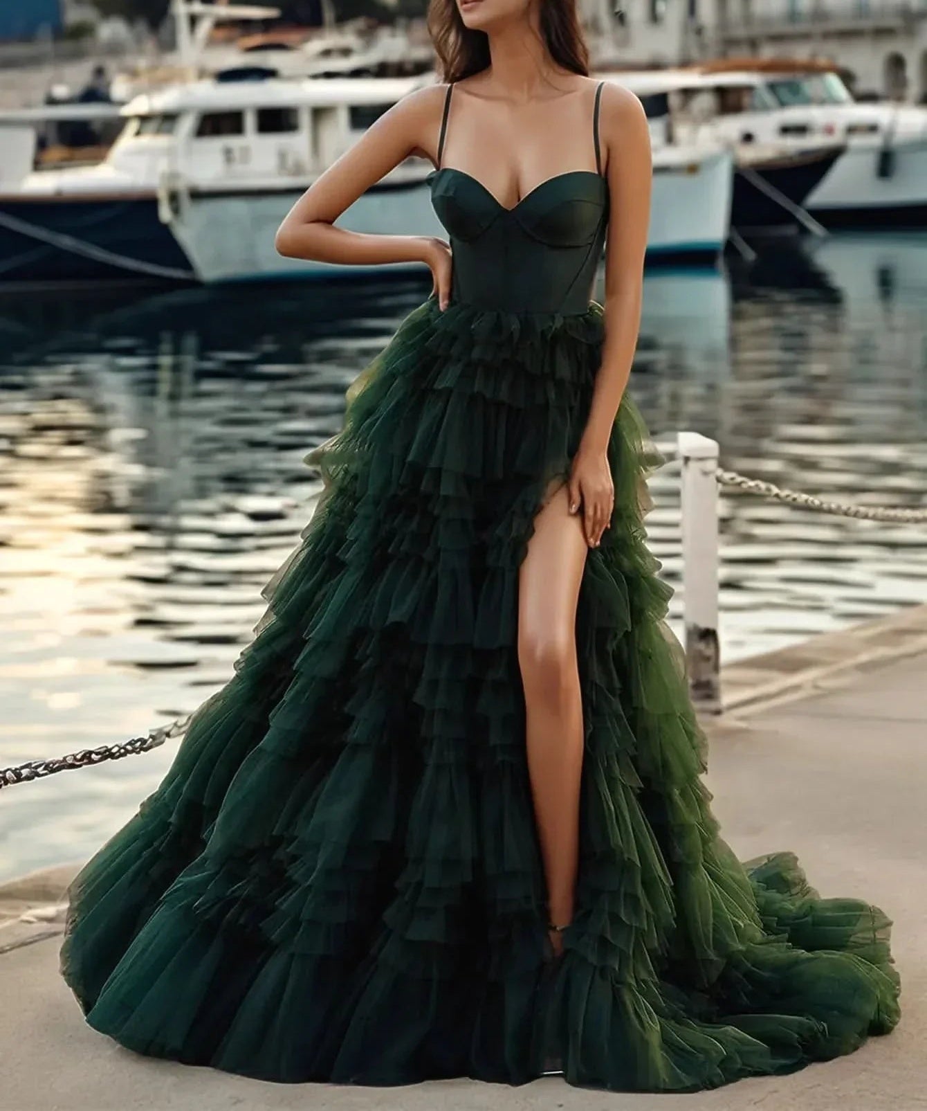 Bodice Spaghetti Strap Tulle Ruffle Prom Dress With Slit - Dark Green