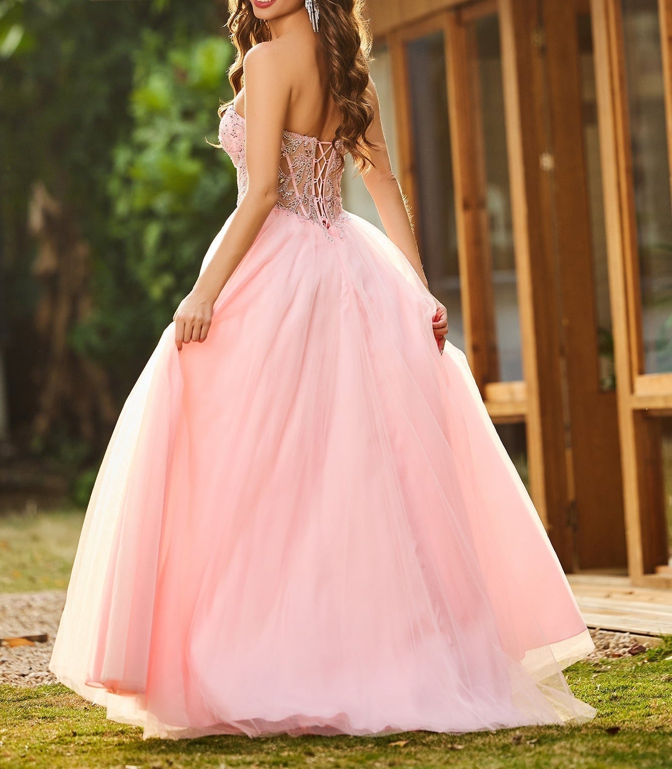 Luxury Sparkly Beads Strapless Lace Ball Gown Prom Dress - Light Pink