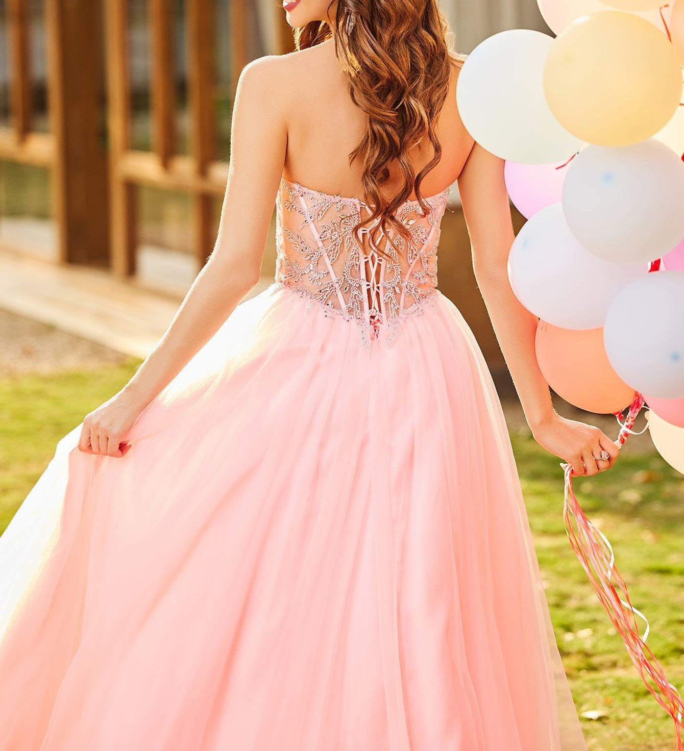 Luxury Sparkly Beads Strapless Lace Ball Gown Prom Dress - Light Pink