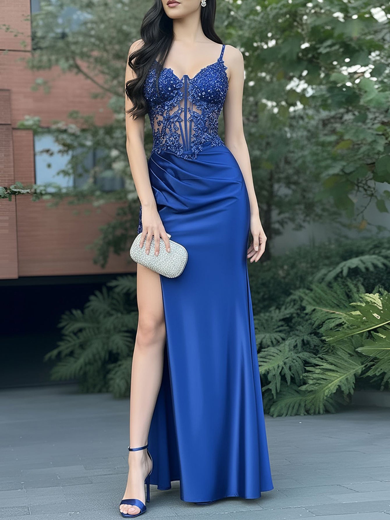 Bodice Split Sparkly Lace Mermaid Long Prom Dress - Royal Blue