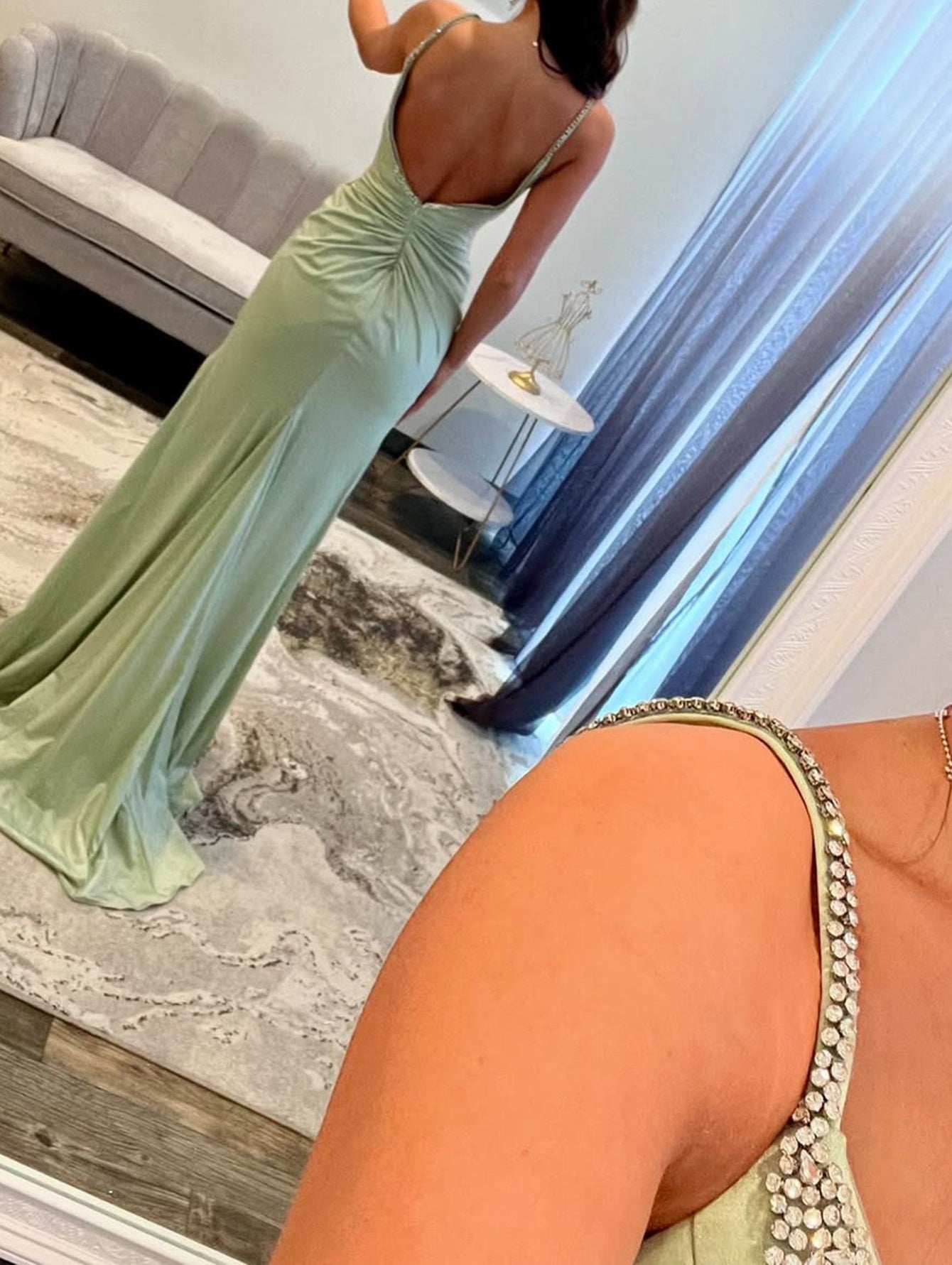 Crystal Deep V-Neck Sheath Prom Dress With Bust Bows - Olive Green