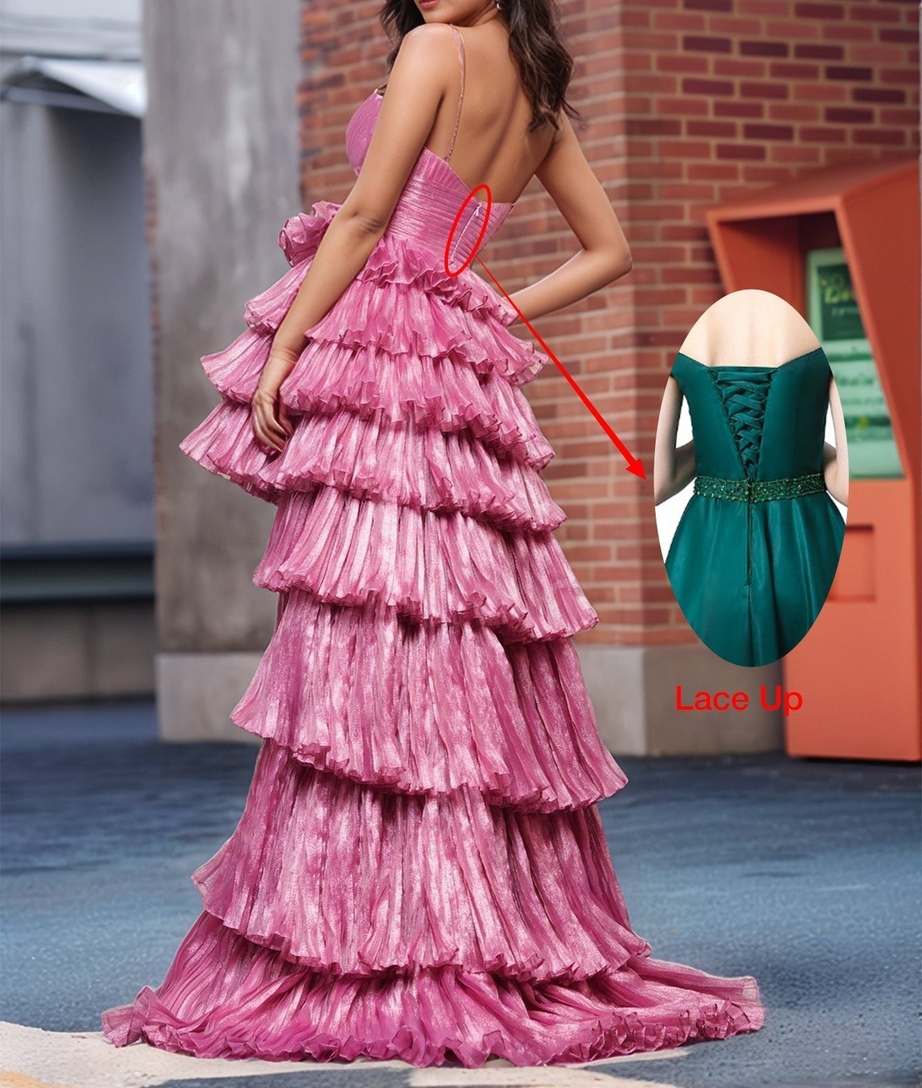 Pleated High Low Tiered Ball Gown Prom Dress - Desert Rose
