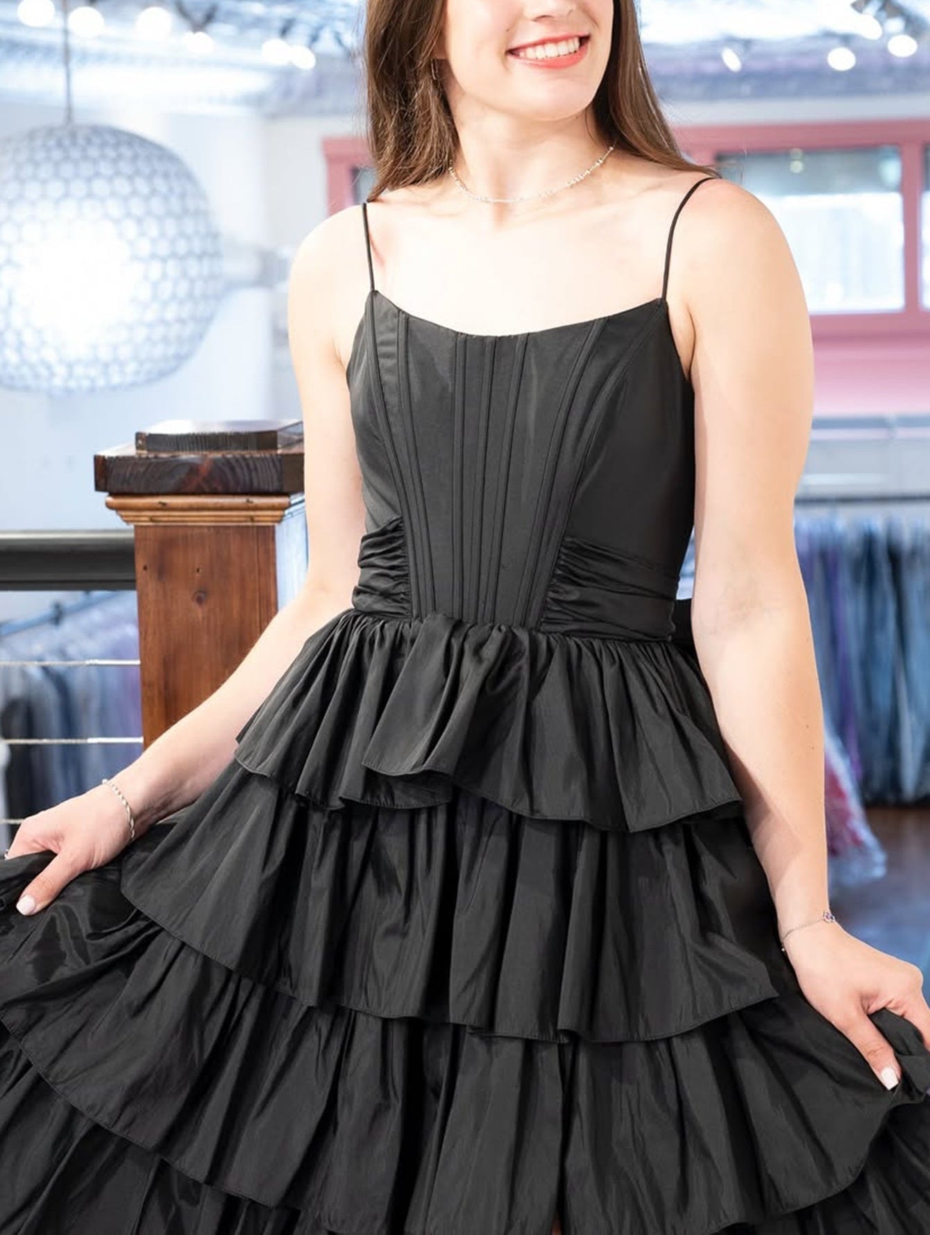 Scoop Boned Tiered Ball Gown Prom Dress With Slit - Black
