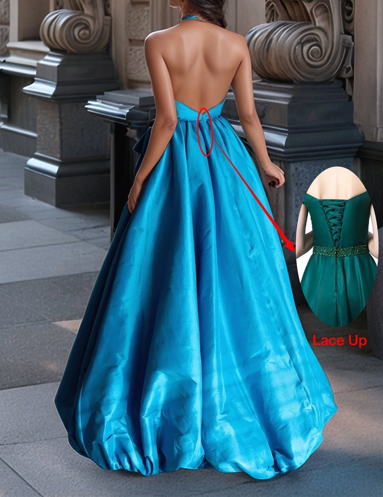 Halter Puffy Ruffle Ball Gown Prom Dress - Blue