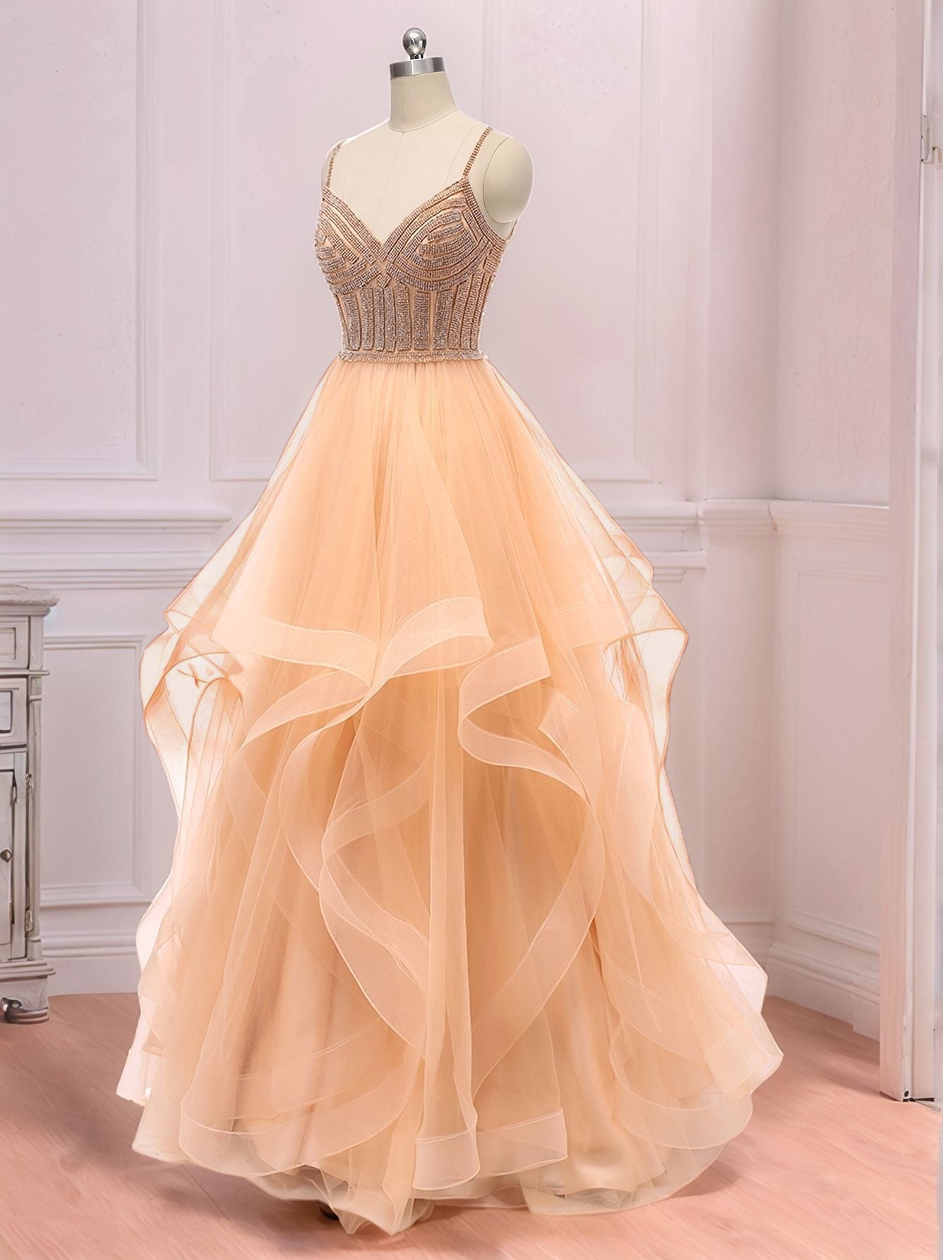 Crystal V Neck Ball Gown Prom Dress - Champagne