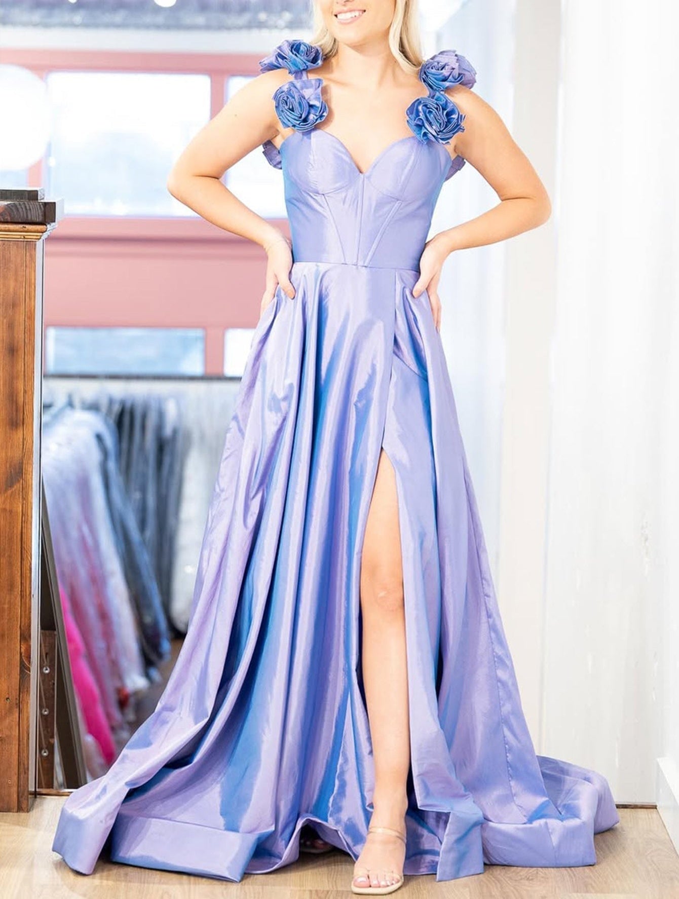 Hand Made Flowers Boned Prom Dress With Pocke - Lilac