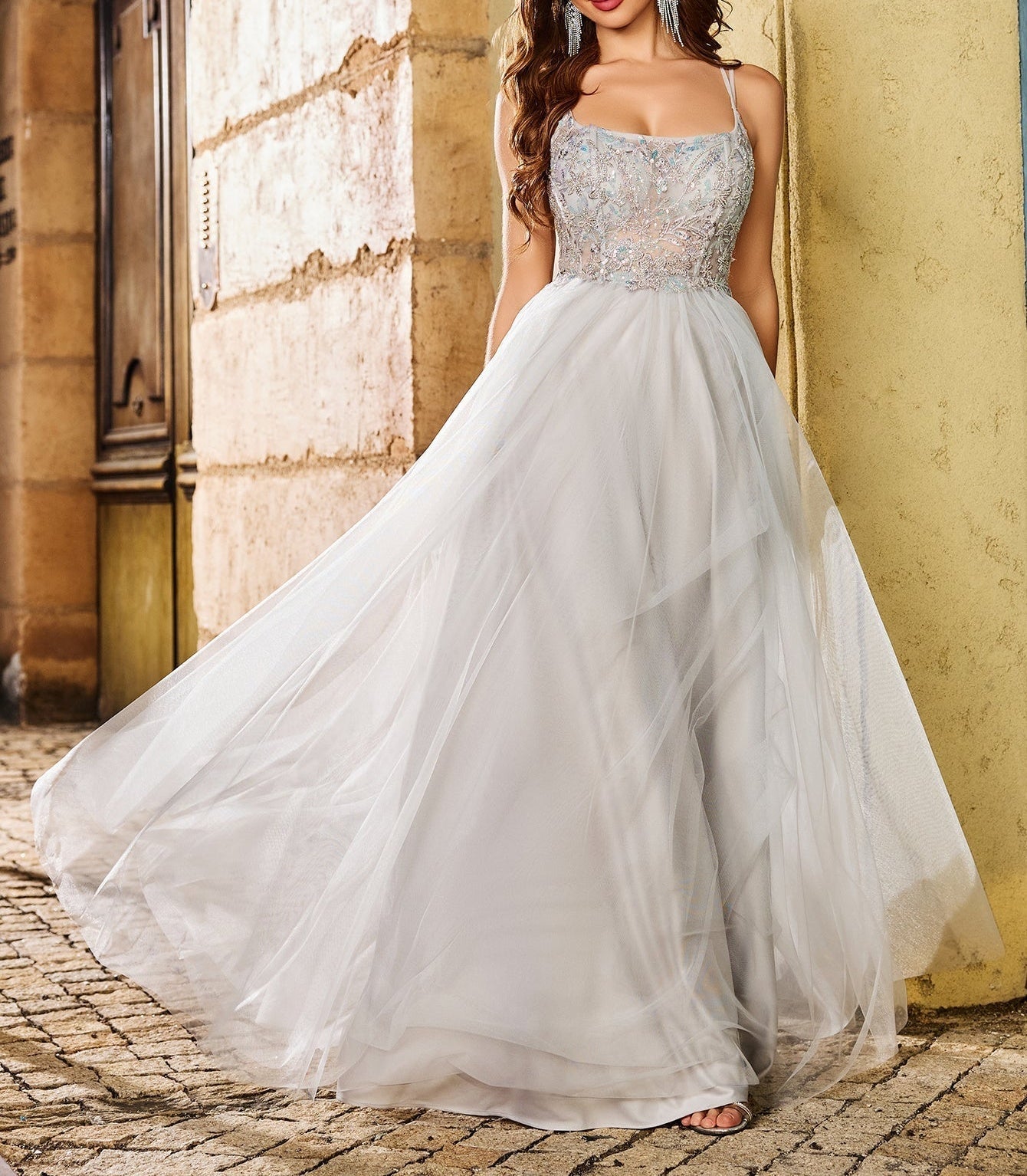 Hand Beading Square Ball Gown Prom Dress - Light Grey