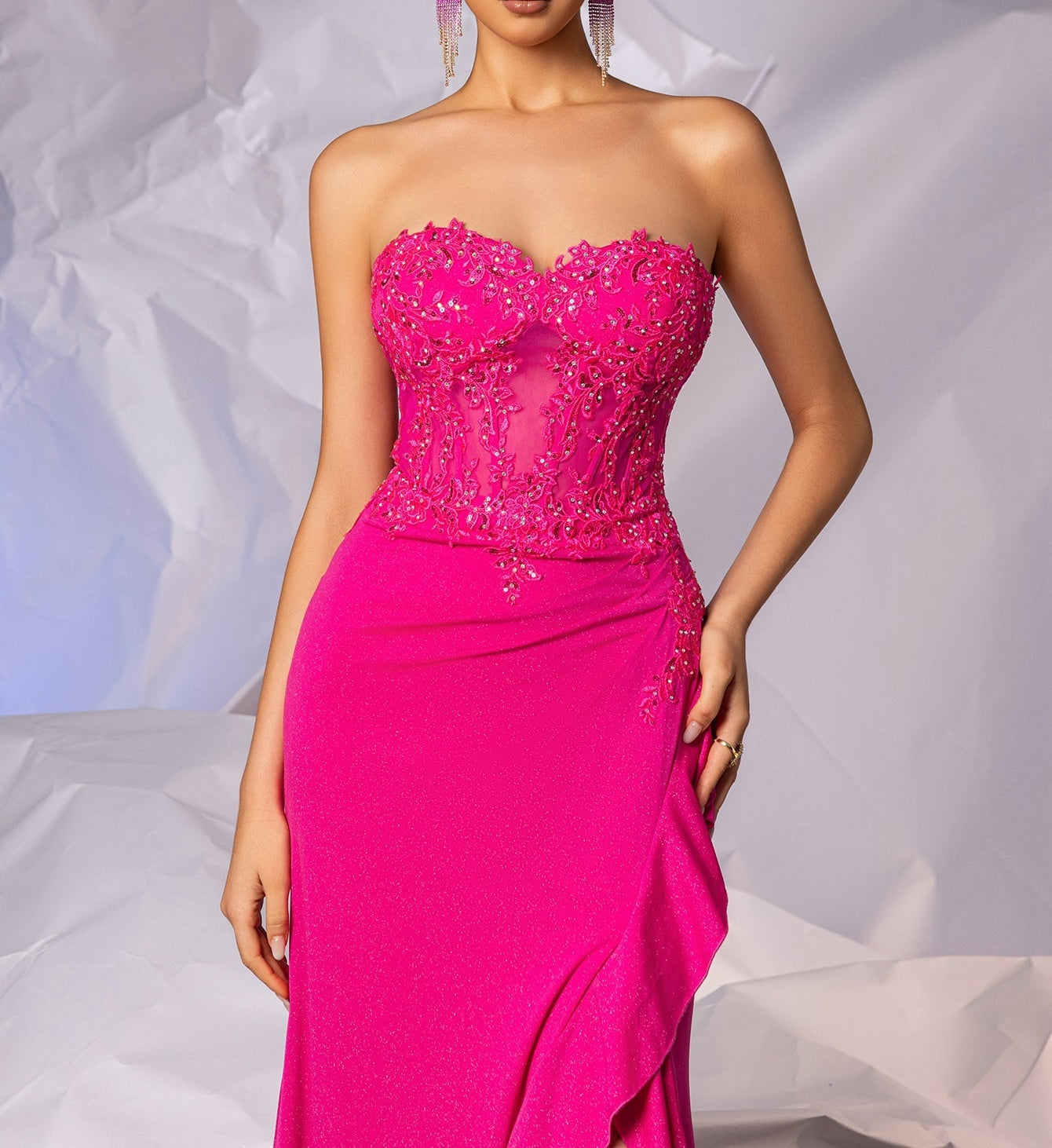 Crystal Lace Embroidery Mermaid Prom Dress With Ruffle - Hot Pink