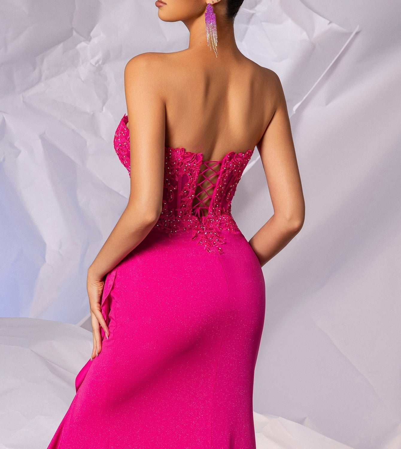Crystal Lace Embroidery Mermaid Prom Dress With Ruffle - Hot Pink