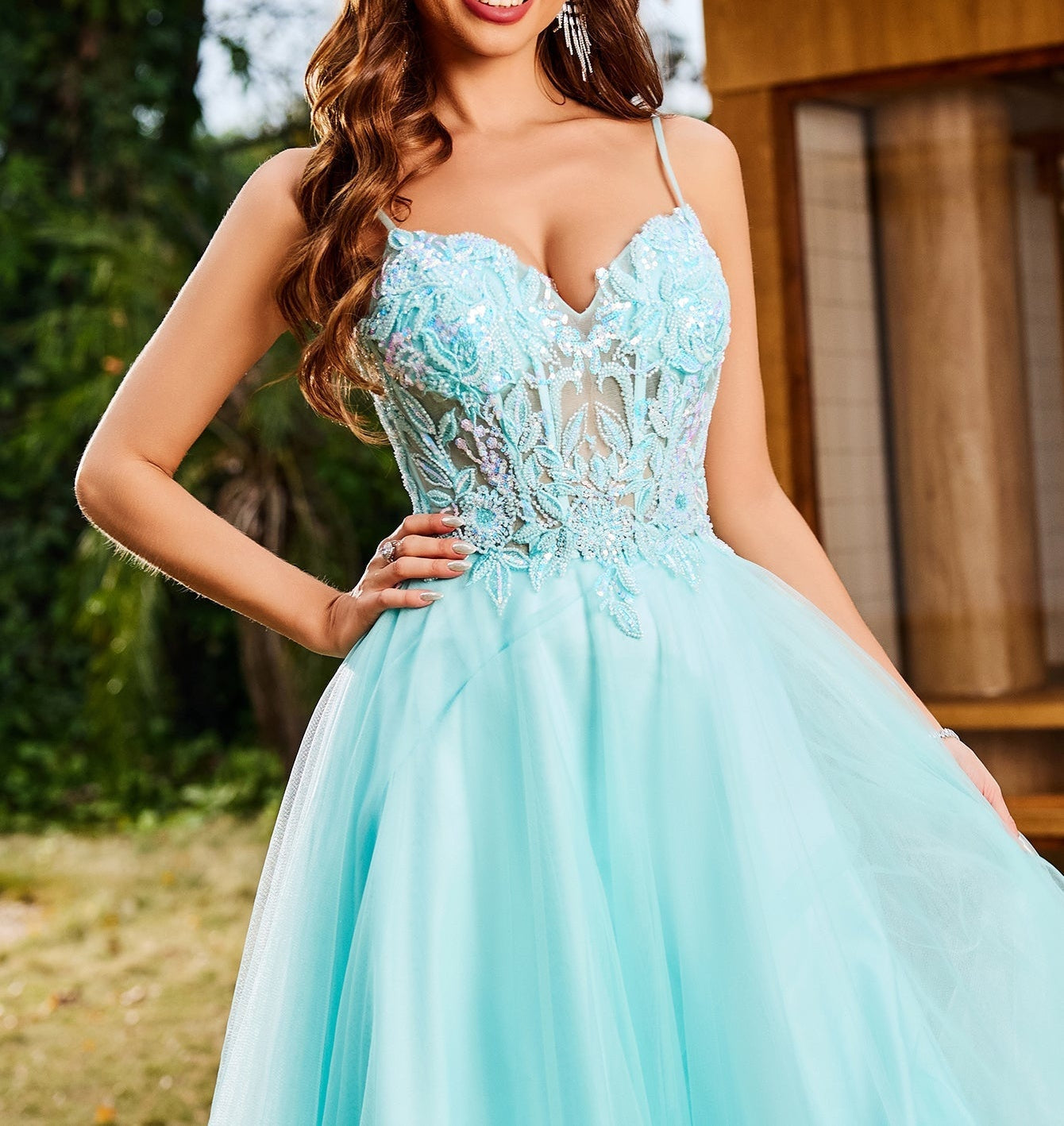 Luxury Beaded Sheer Bodice Ball Gown Prom Dress - Baby Blue