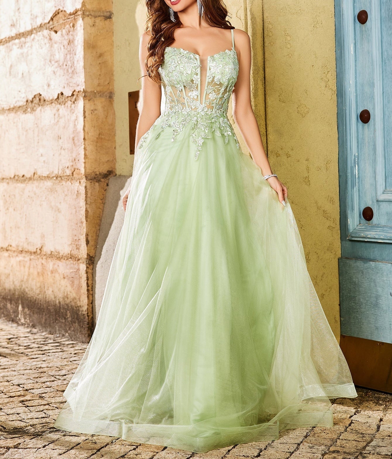 Sheer Bodice Lace Embroidery Prom Dress Long - Mint Green