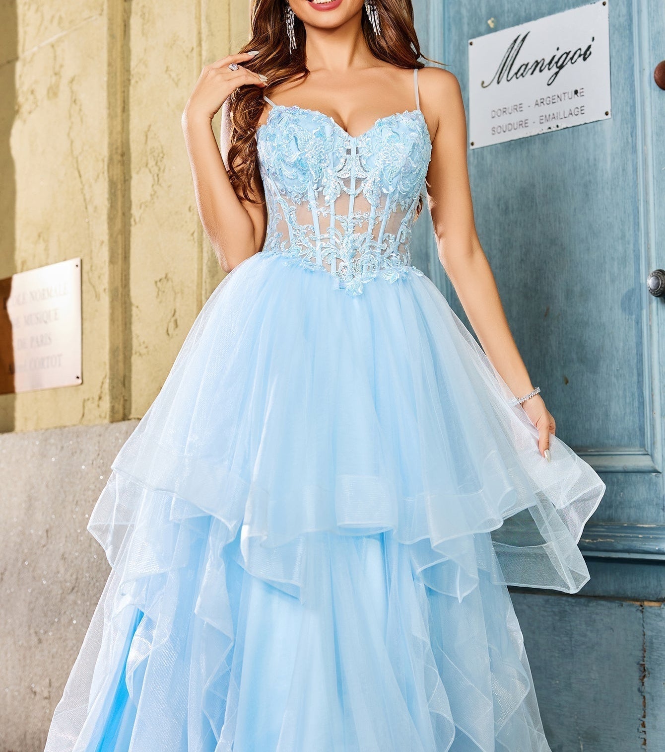 Lace Embroidery Illusion Ball Gown Prom Dress - Baby Blue
