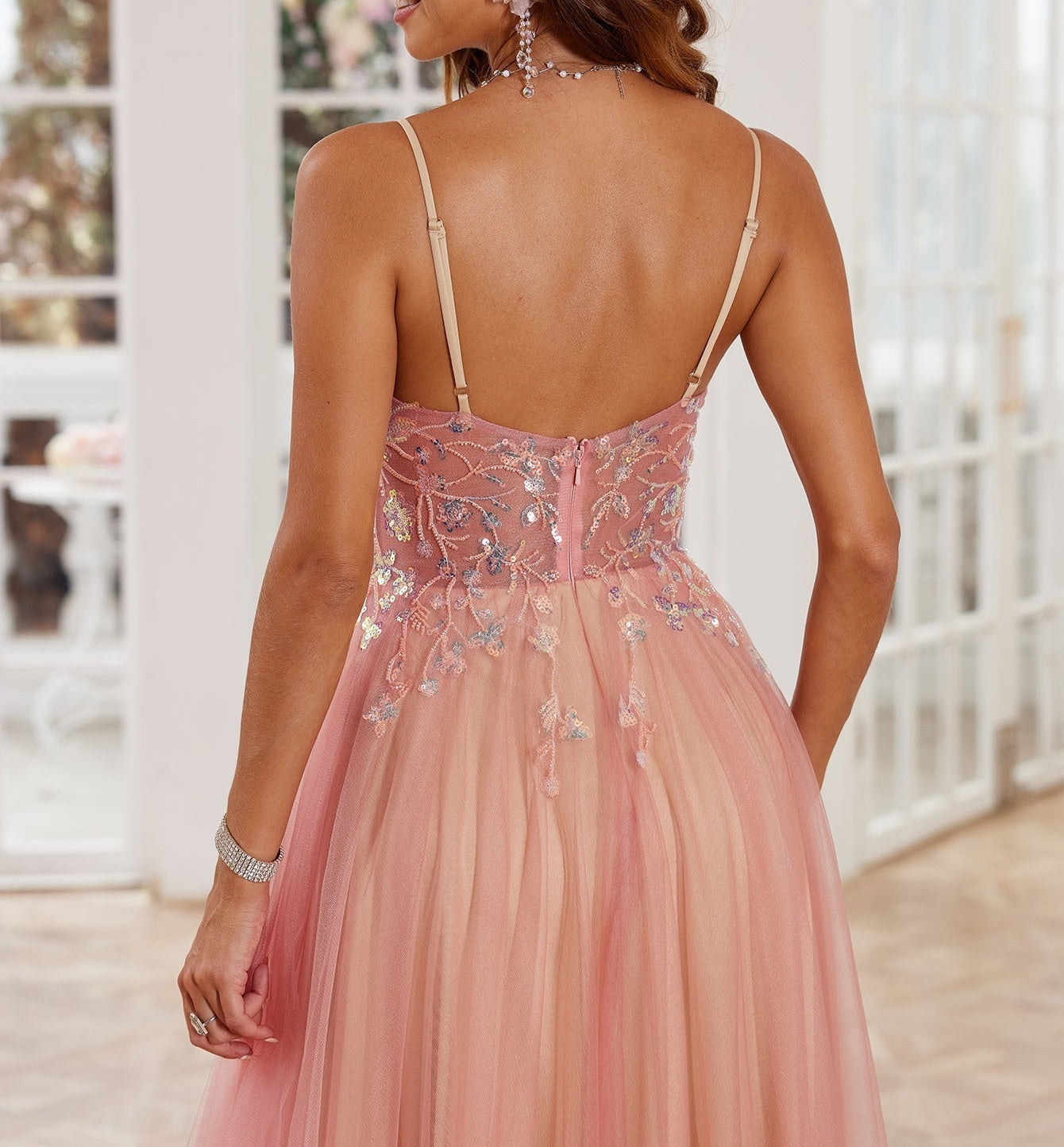 Lace Embroidery Deep V Neck Prom Dress Long - Pink