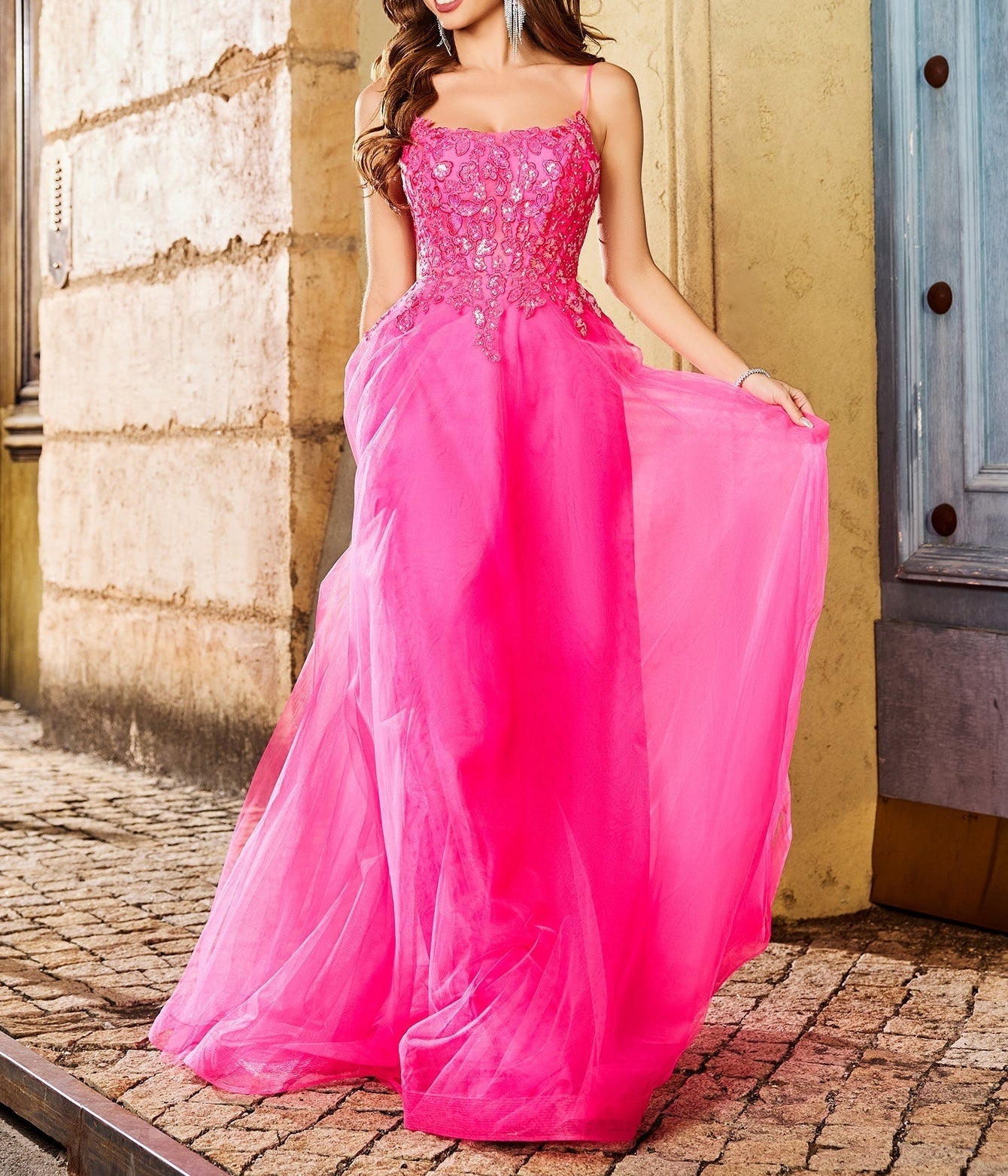 Square Lace Embroidery Ball Gown Prom Dress - Hot Pink