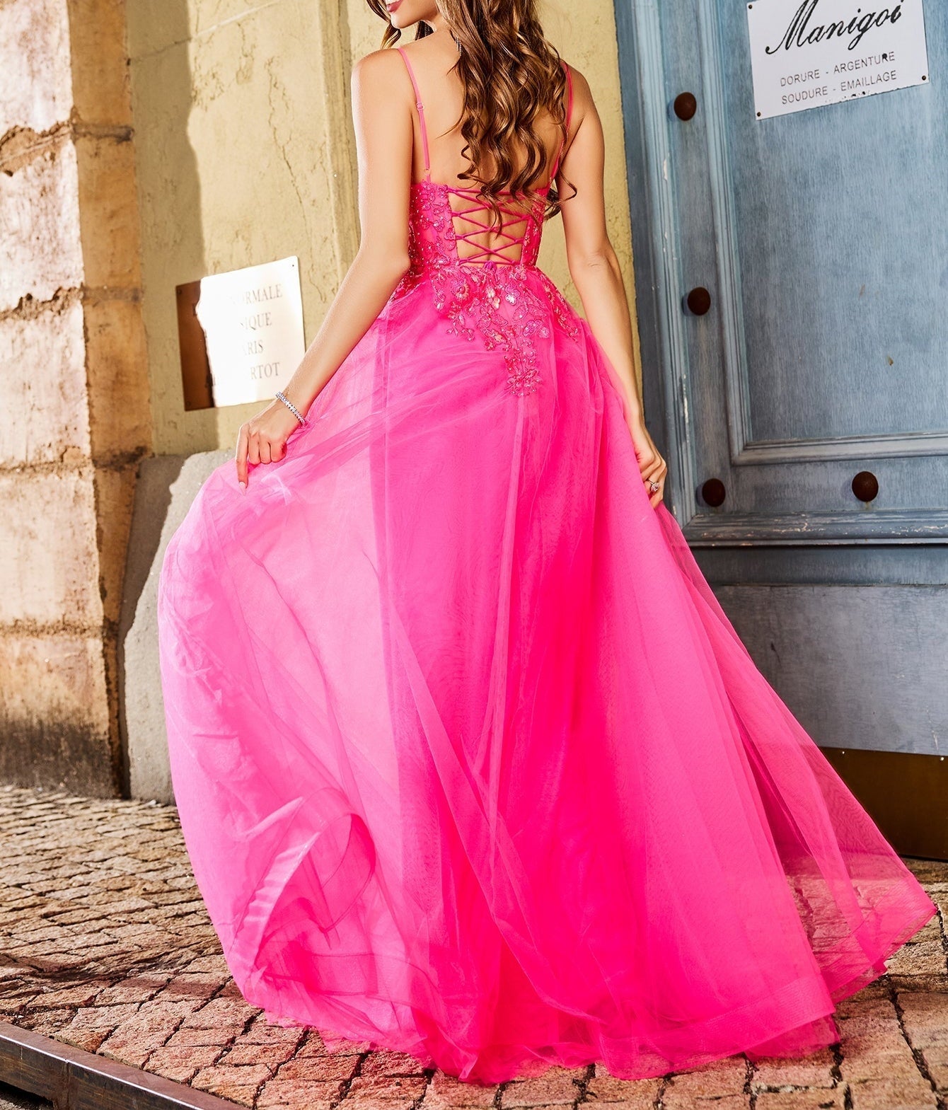 Square Lace Embroidery Ball Gown Prom Dress - Hot Pink
