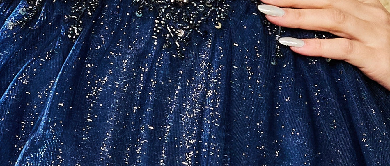Sparkly Lace Deep V Neck Ball Gown Prom Dress - Navy Blue