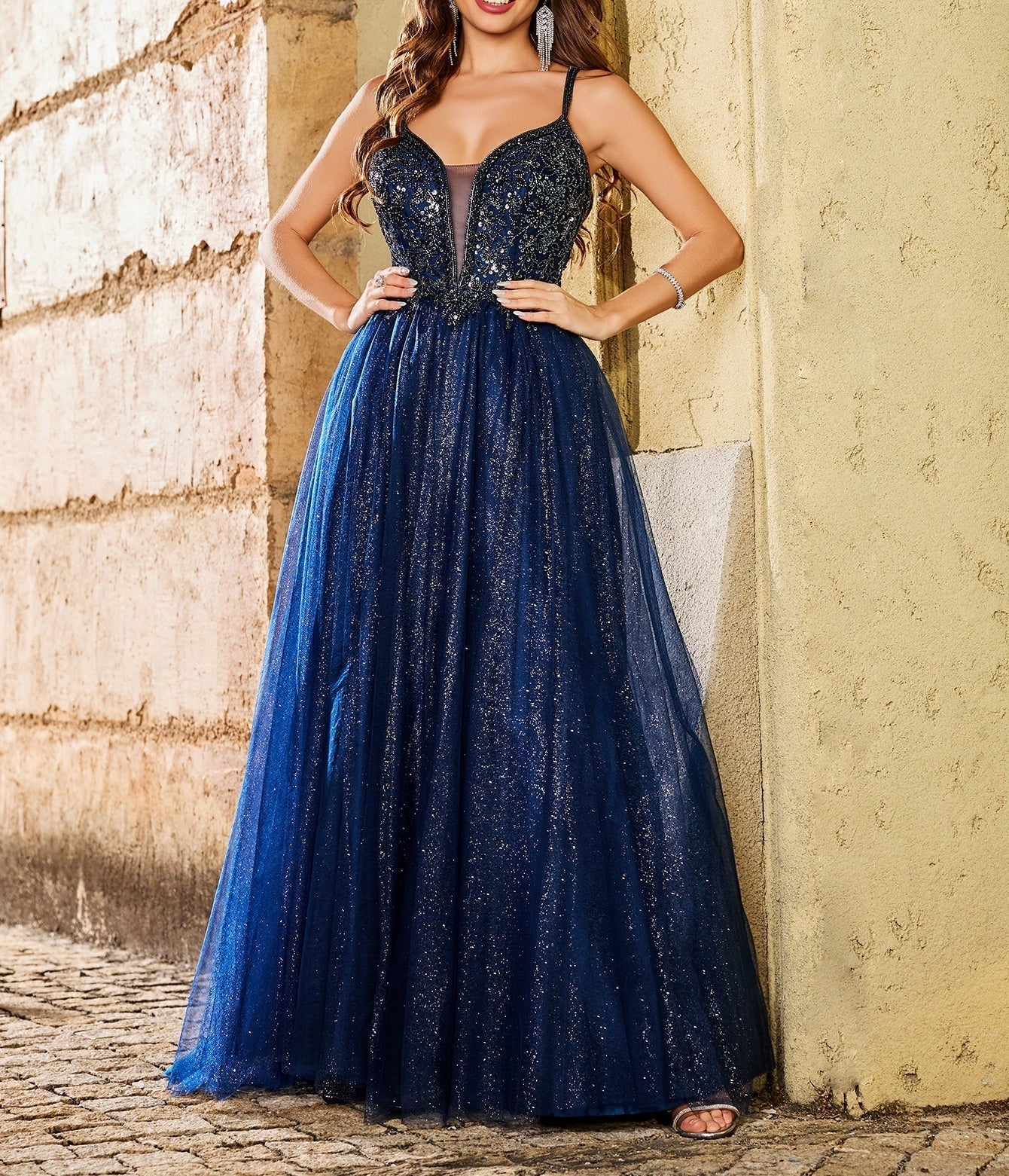 Sparkly Lace Deep V Neck Ball Gown Prom Dress - Navy Blue