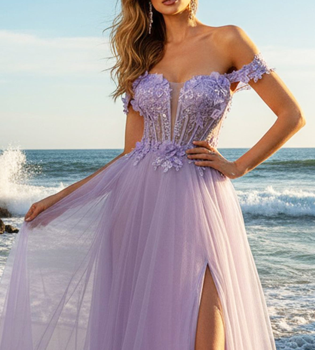 Hand Made Floral Beaded Prom Dress With Split - Lilac