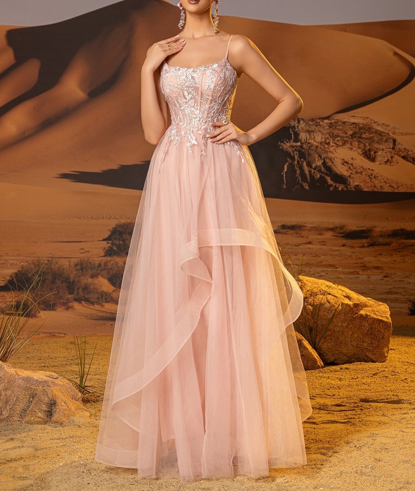 Illusion Bodice Leaf Lace Ball Gown Prom Dress - Pink