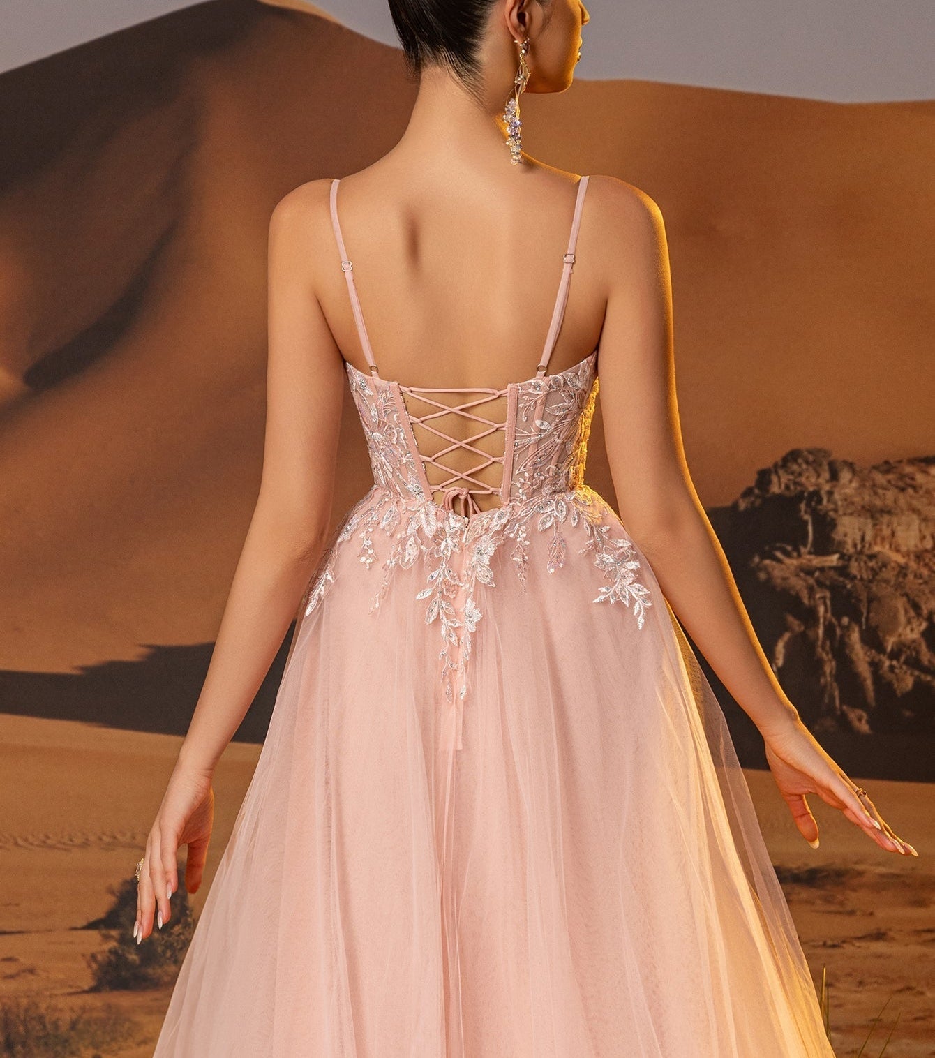 Illusion Bodice Leaf Lace Ball Gown Prom Dress - Pink