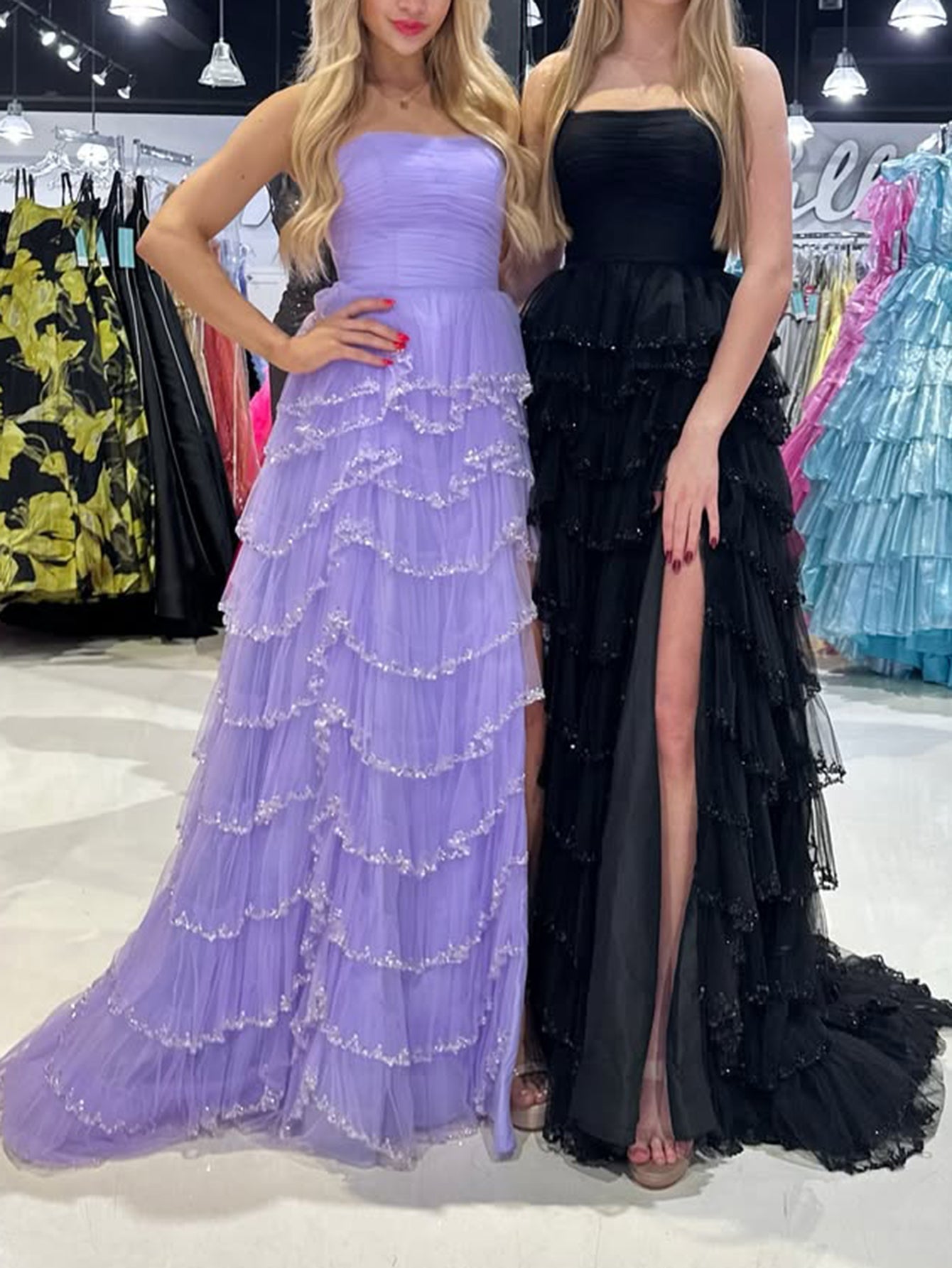 Strapless Pleates Beaded Tiered Prom Dress With Split - Lilac