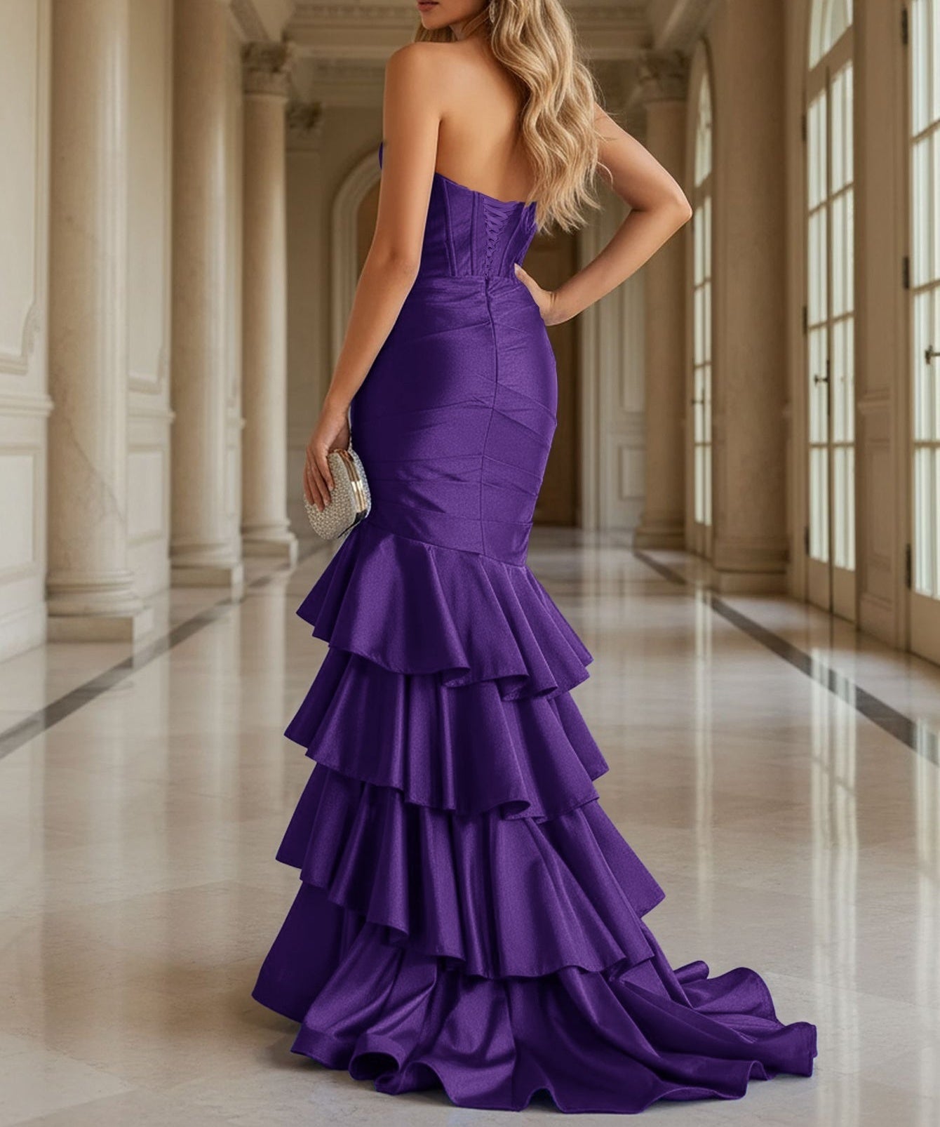 Boned Bodice Strapless Mermaid Prom Dress With Ruffle - Purple