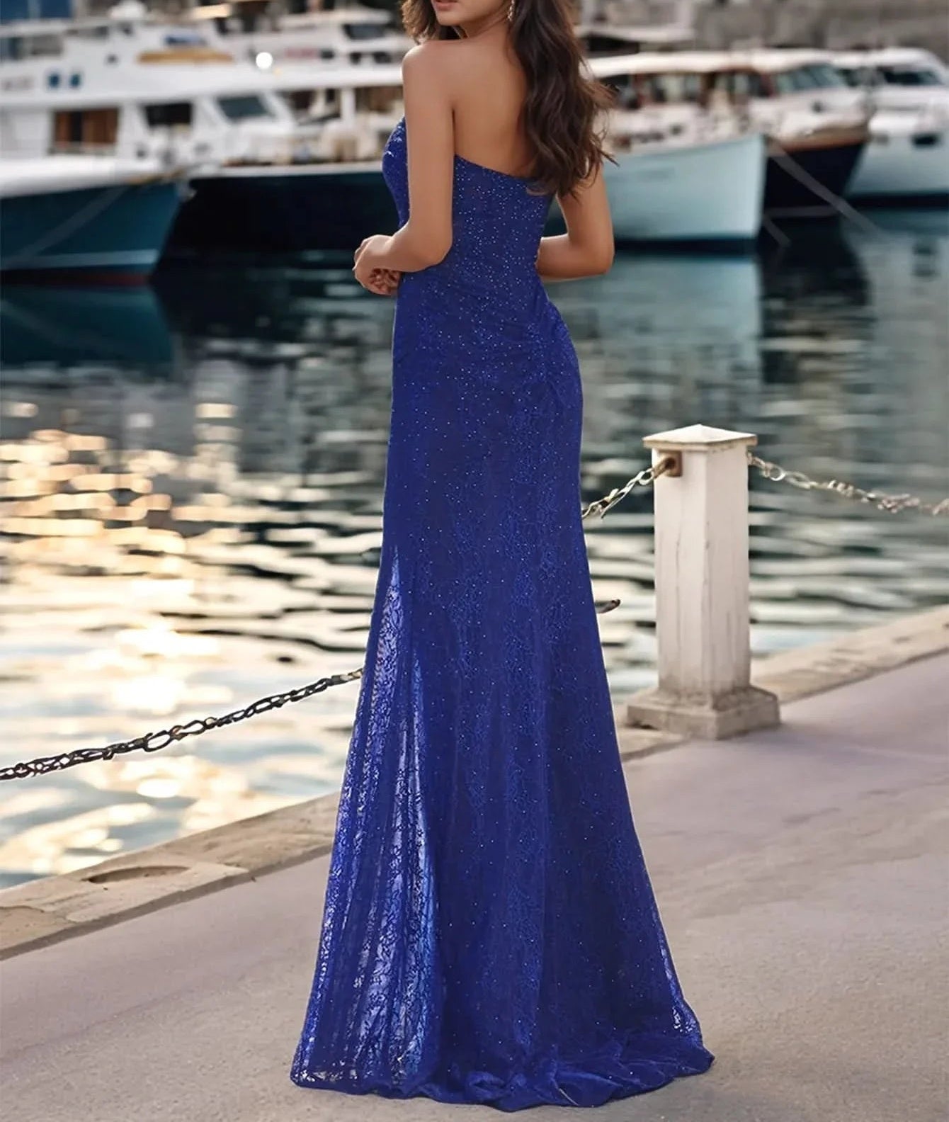 Hot Fix Lace Strapless Mermaid Prom Dress With Split - Royal Blue