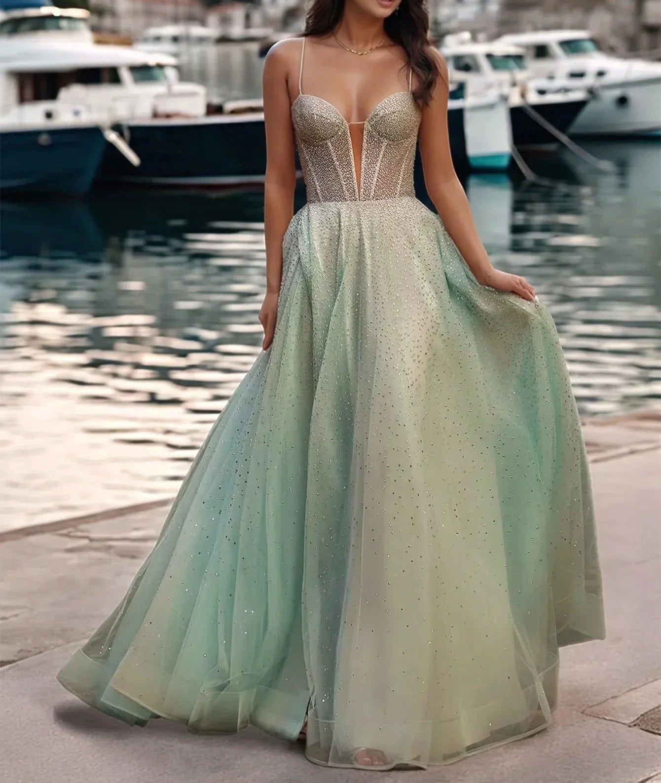Hot Fix Deep V-Neck Bodice Spaghetti Strap Prom Dress - Sage Green