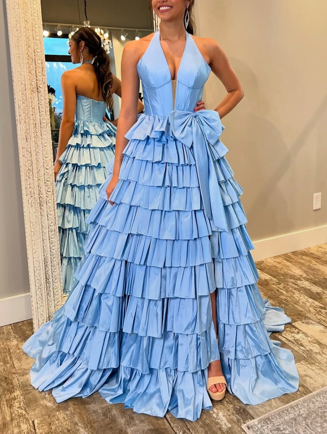 Halter Boned Ruffle Ball Gown Prom Dress Slit With Bow - Baby Blue