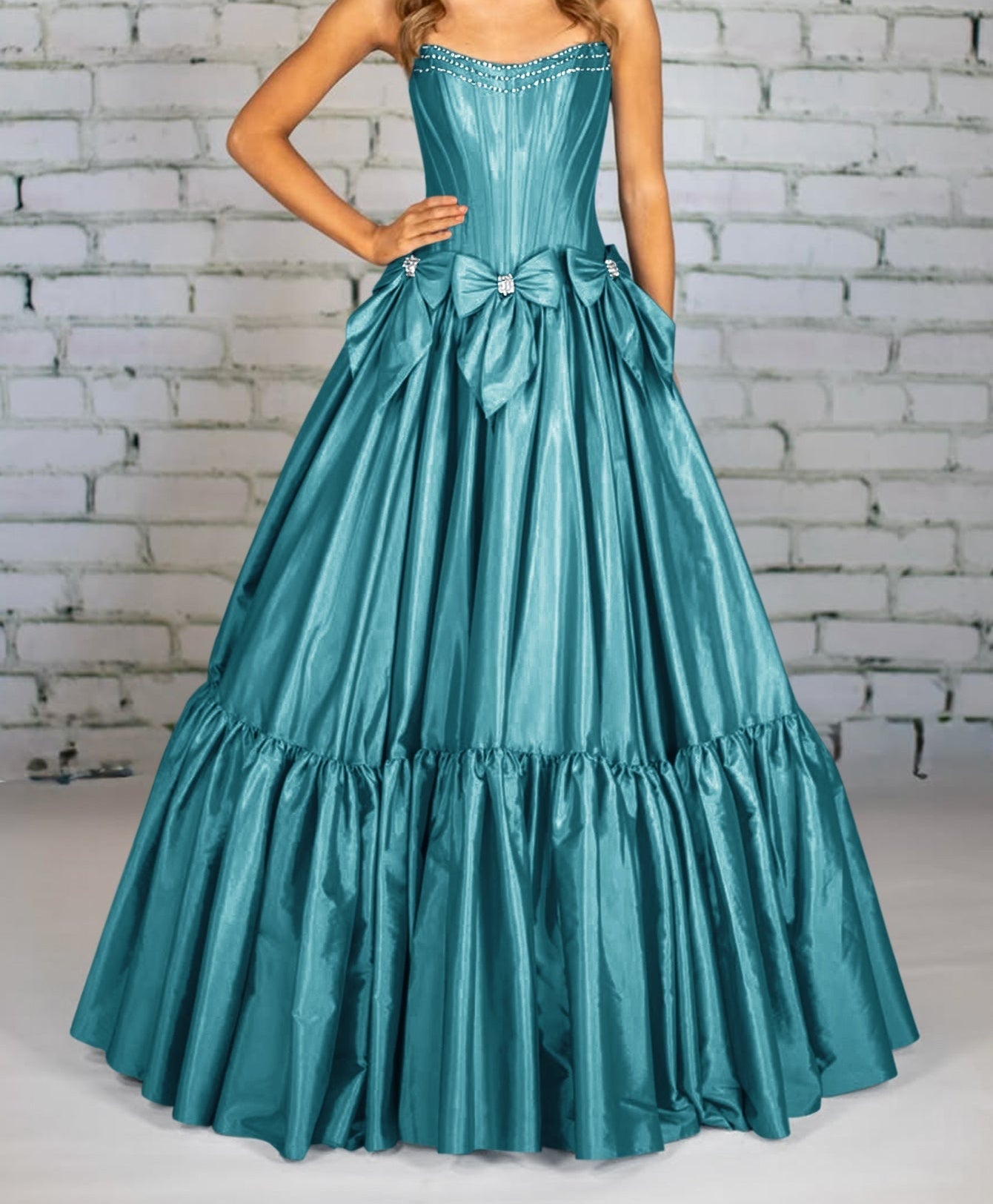 Crystal Boned Strapless Ball Gown Prom Dress With Bow - Turquoise